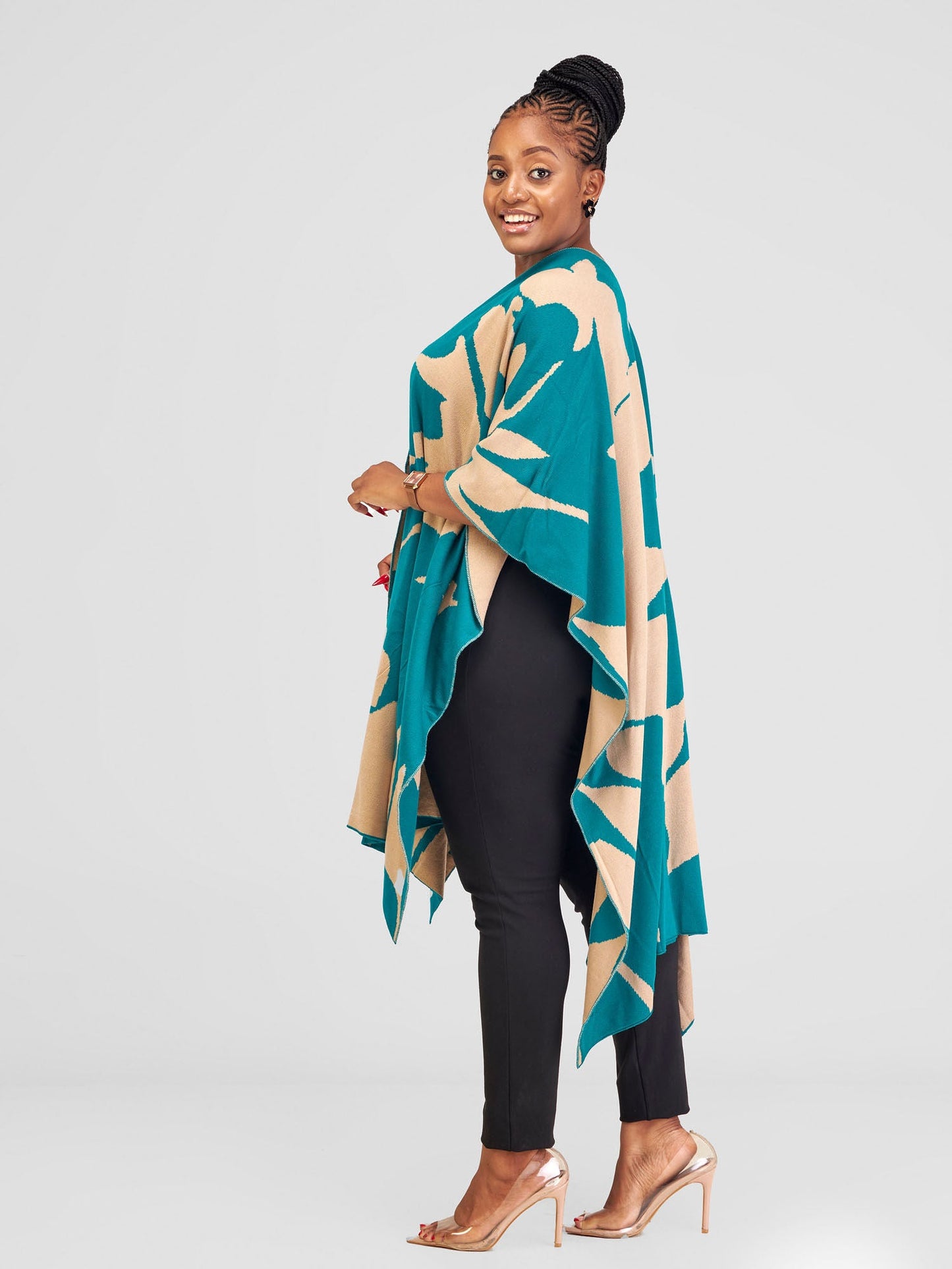 Vivo Reversible Printed Poncho - Teal / Taupe Pepeo print
