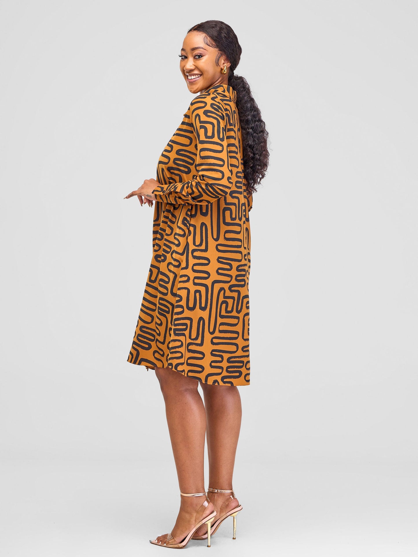 Vivo Basic Long Sleeve Tent Shirt Dress - Brown / Black Abstract Print