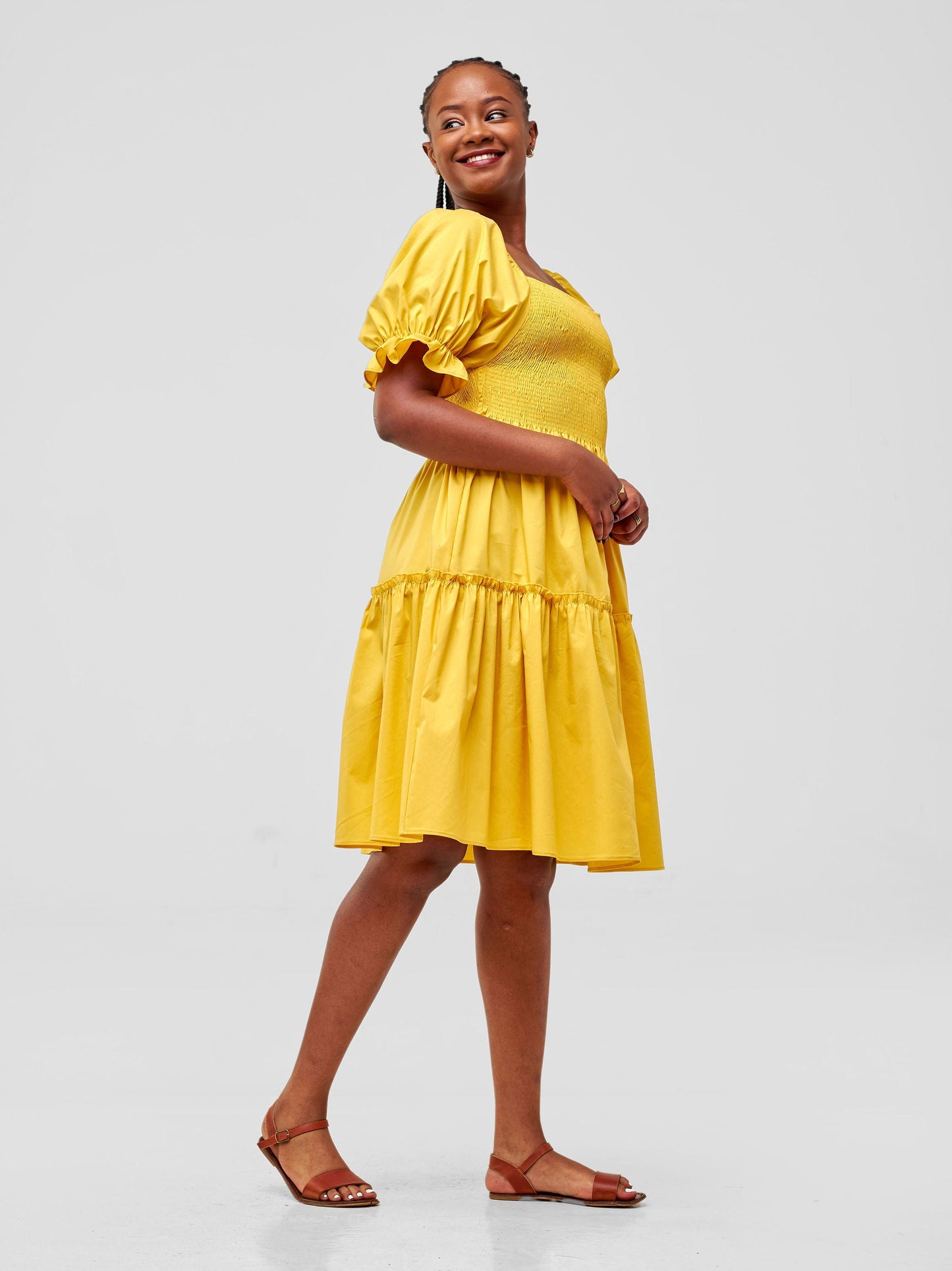 Safari Mara Shirred Bishop Sleeve Dress - Mustard
