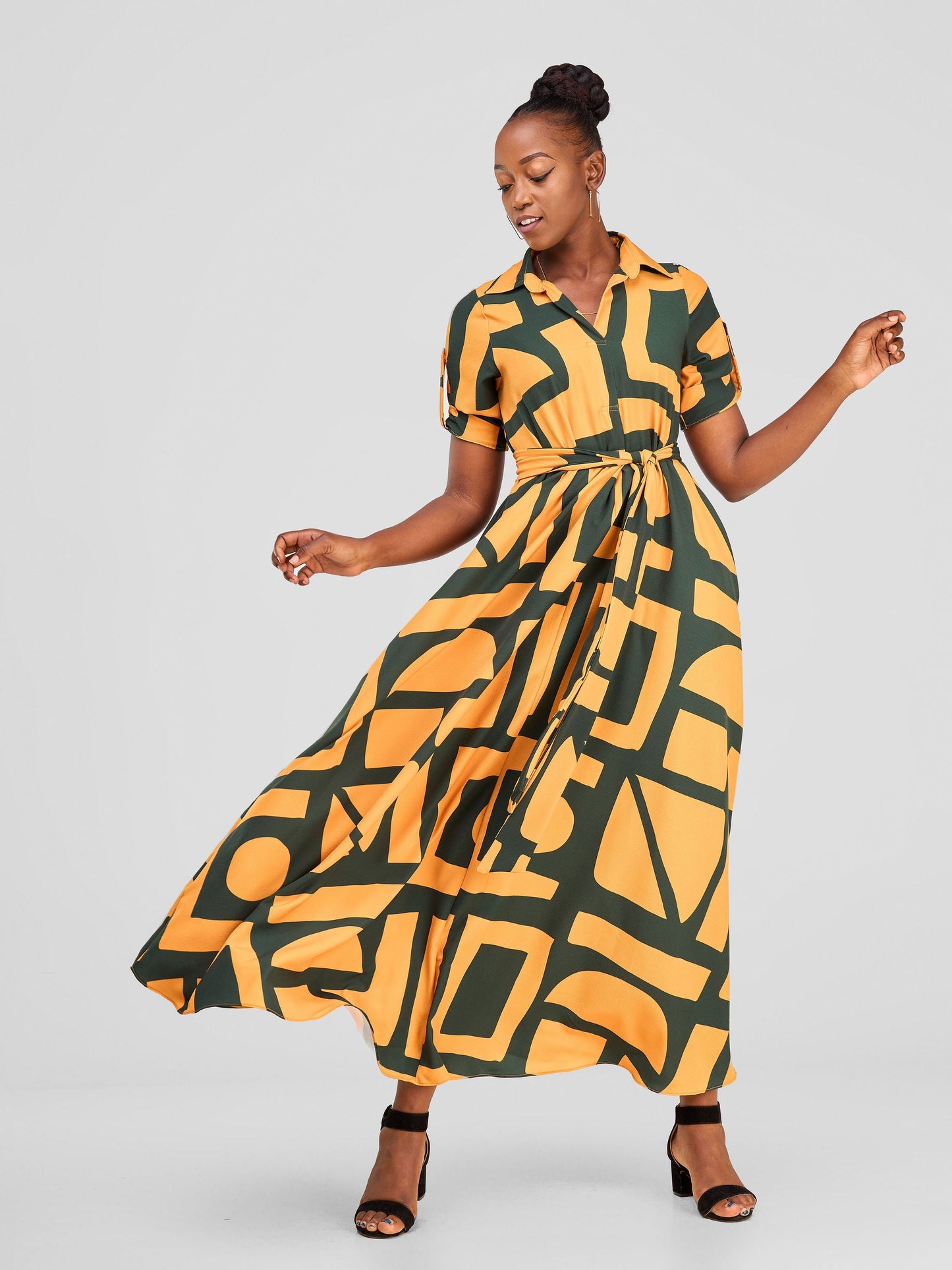Vivo Yumi Maxi Shirt Dress - Hunters/Mustard Meza Print