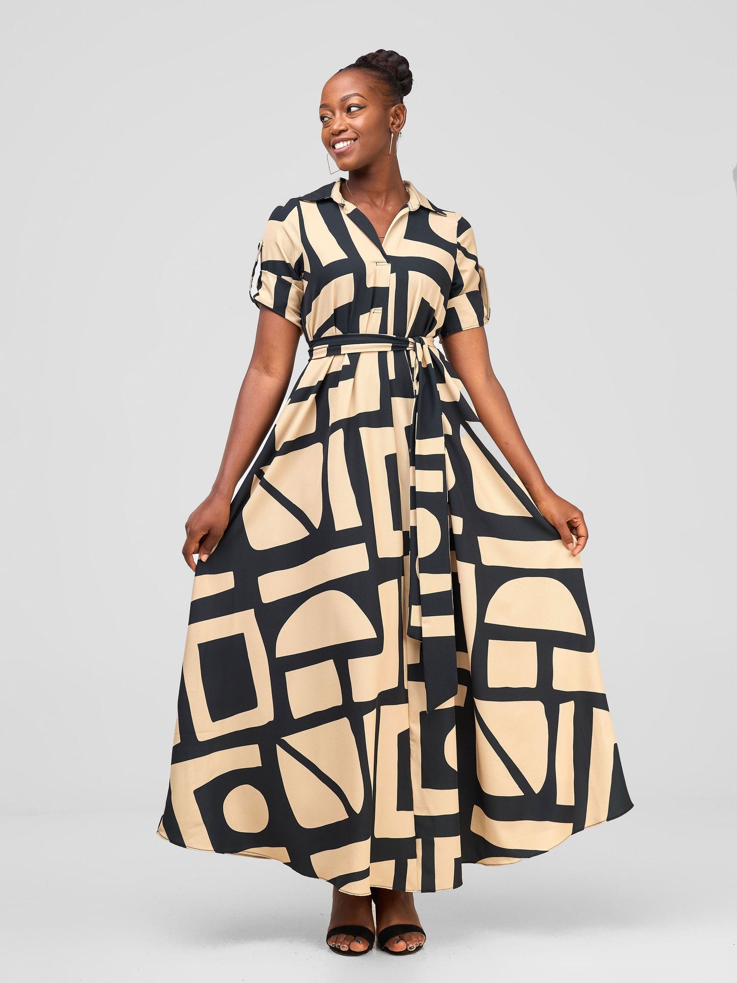 Vivo Yumi Maxi Shirt Dress - Black/Beige Meza Print
