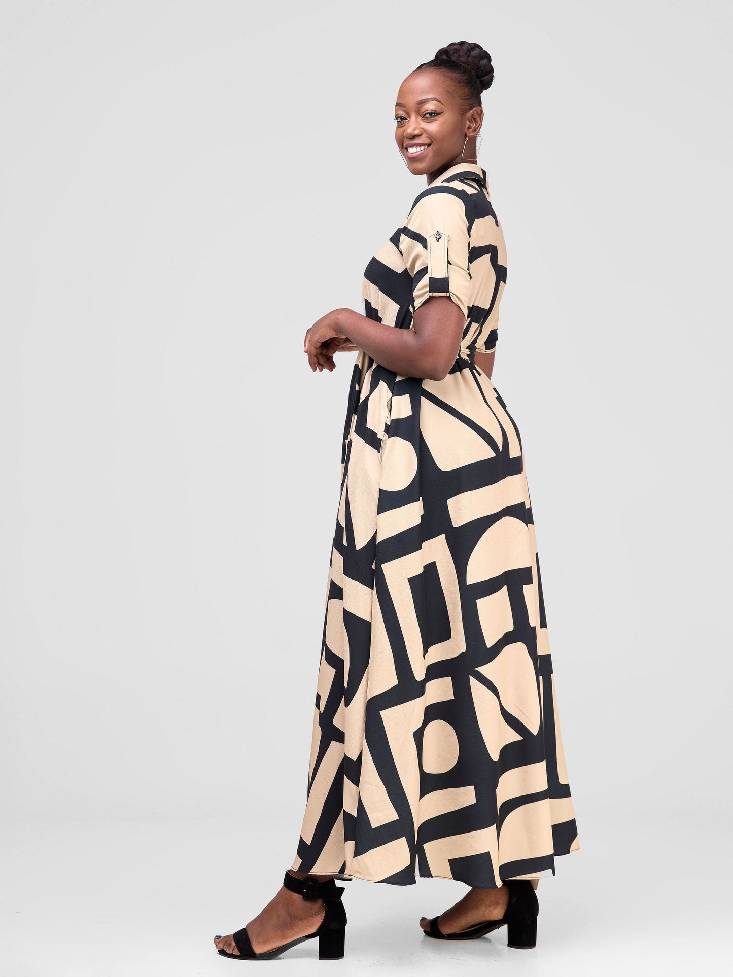 Vivo Yumi Maxi Shirt Dress - Black/Beige Meza Print