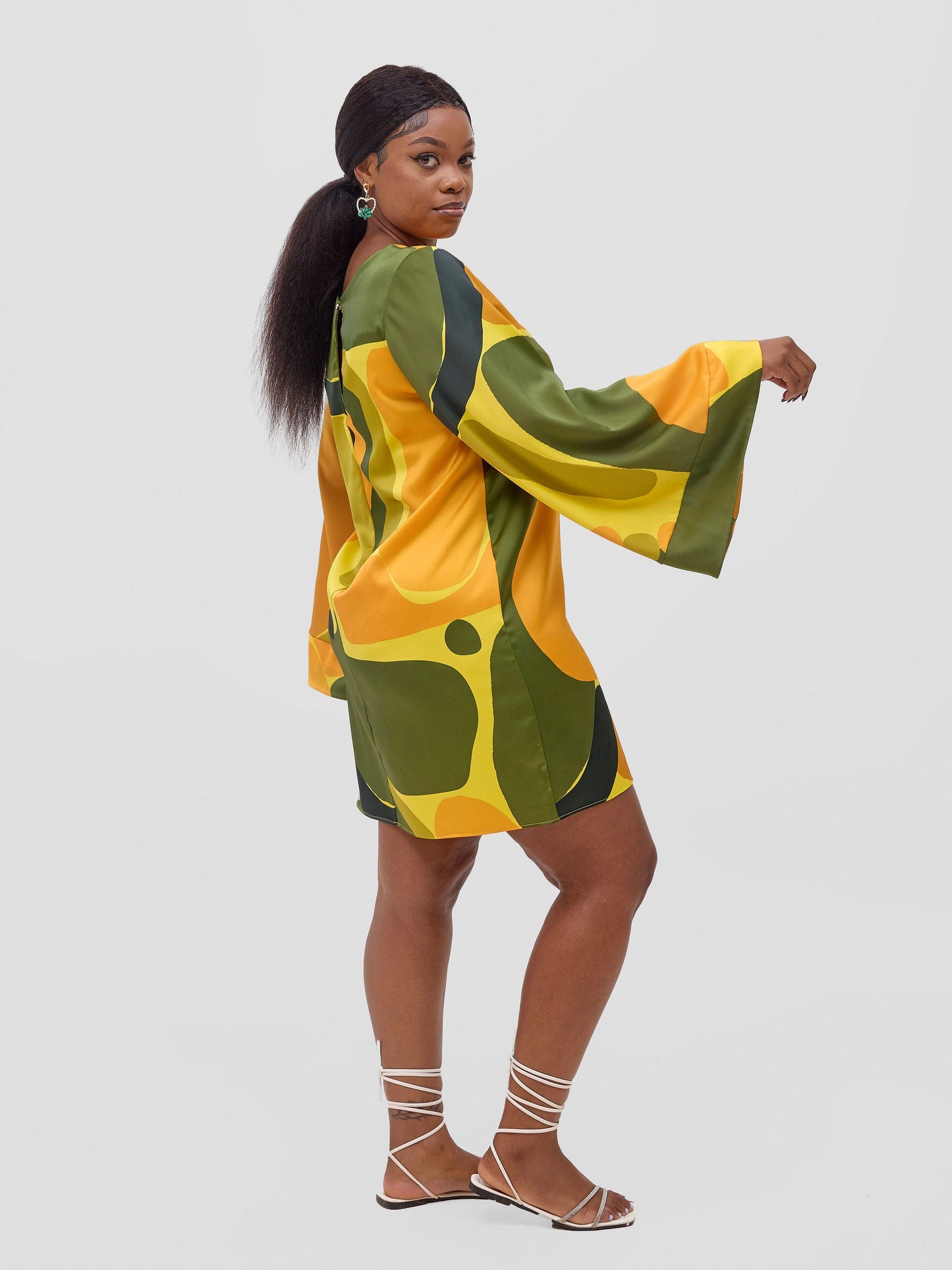 Vivo Kelemi Above Knee Dress - Yellow / Green Waso Print