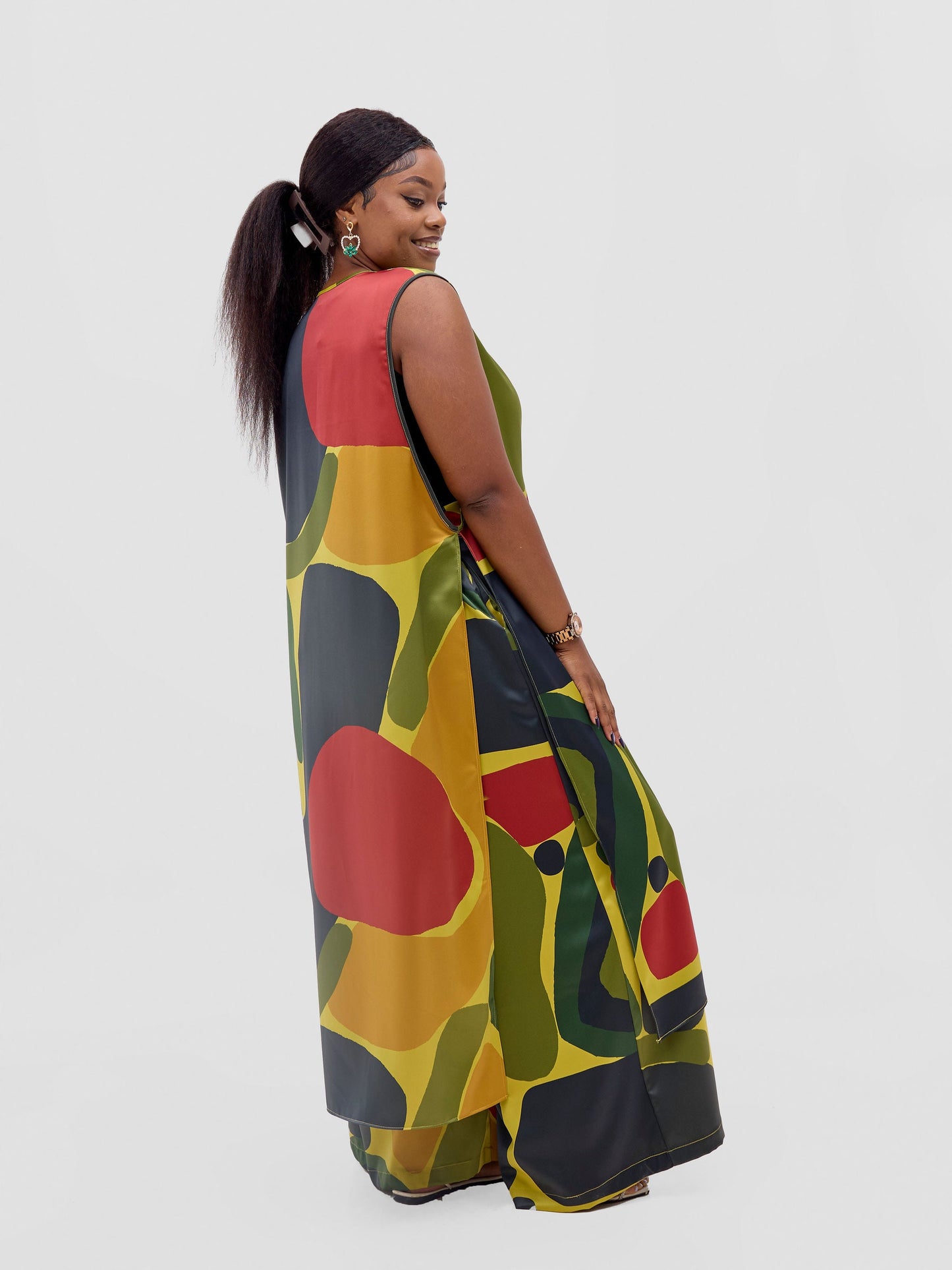 Vivo Kelemi Sleeveless Side Tie Top - Lime / Red Waso Print