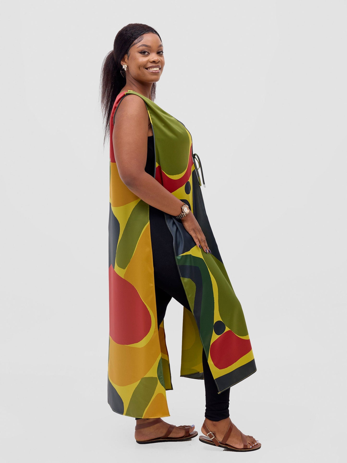 Vivo Kelemi Sleeveless Side Tie Top - Lime / Red Waso Print