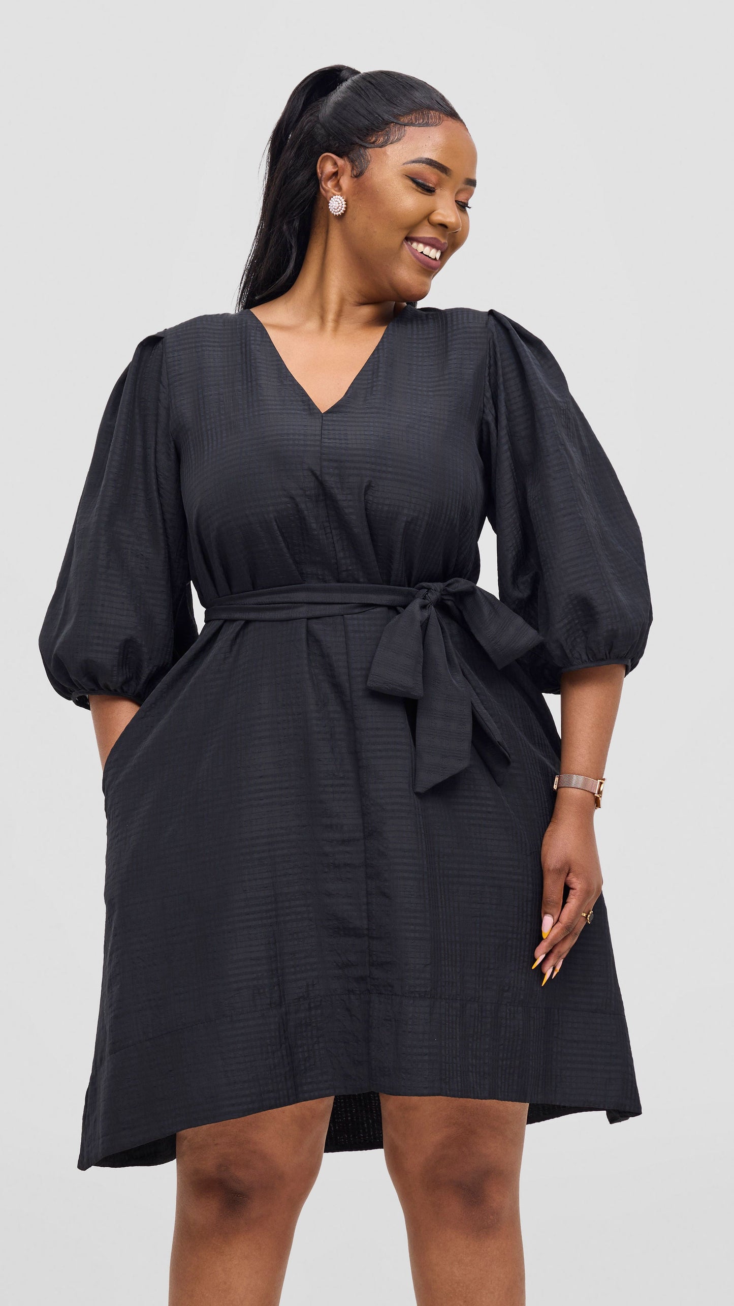 Vivo Alani High Low Dress - Black Textured Print
