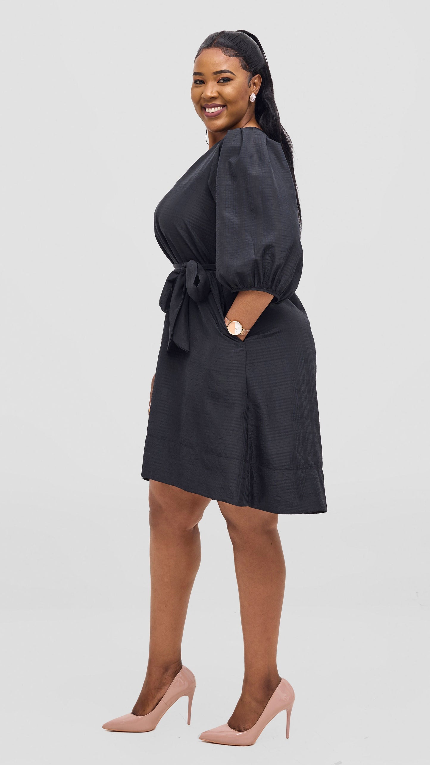 Vivo Alani High Low Dress - Black Textured Print