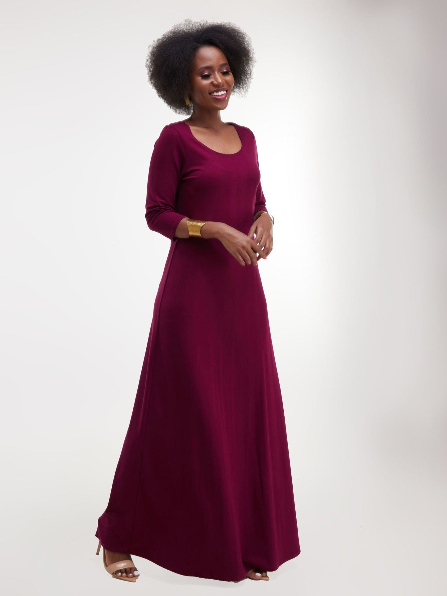 Vivo Basic 3/4 Sleeve A-Line Maxi Dress - Burgundy