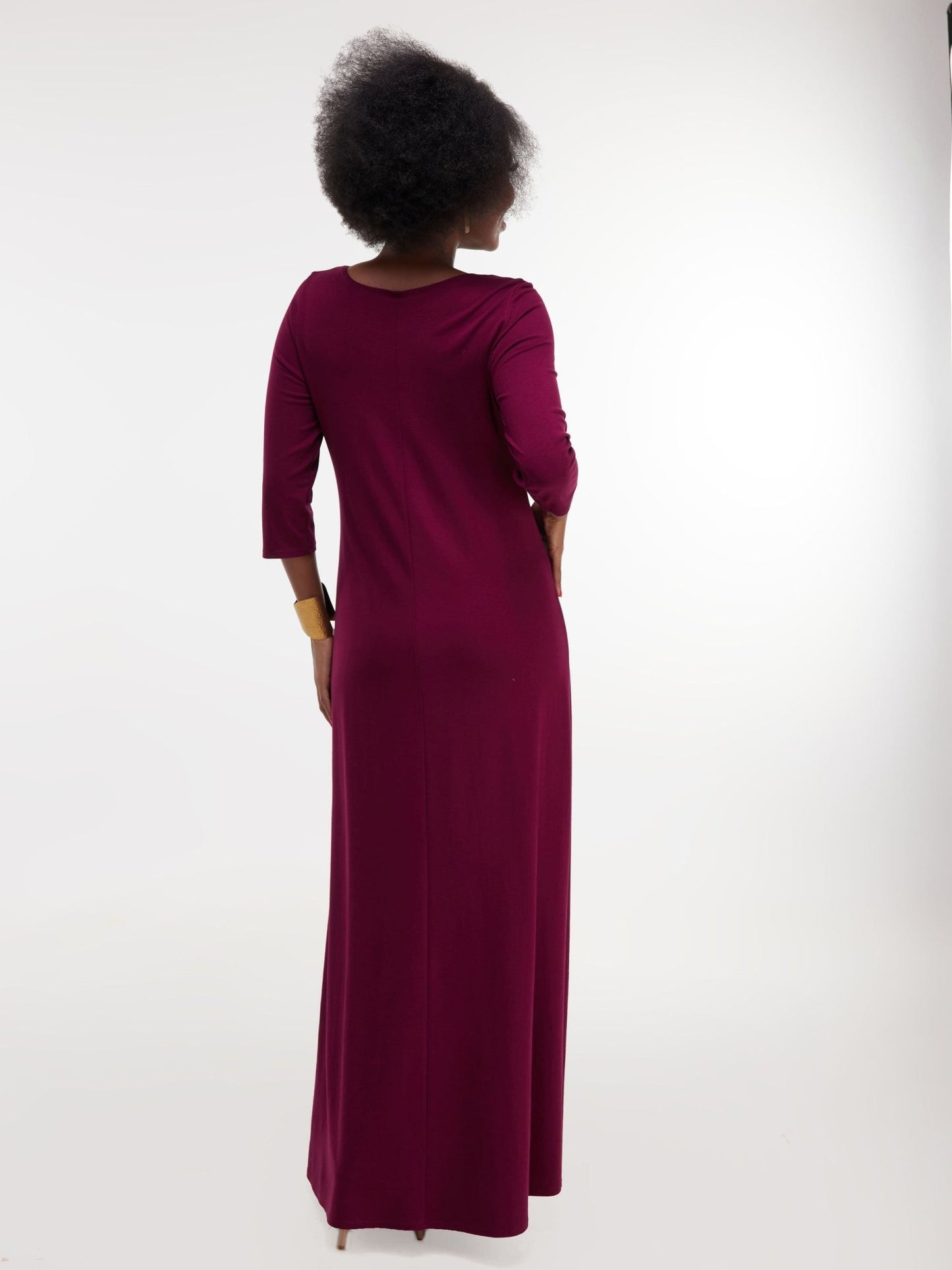 Vivo Basic 3/4 Sleeve A-Line Maxi Dress - Burgundy