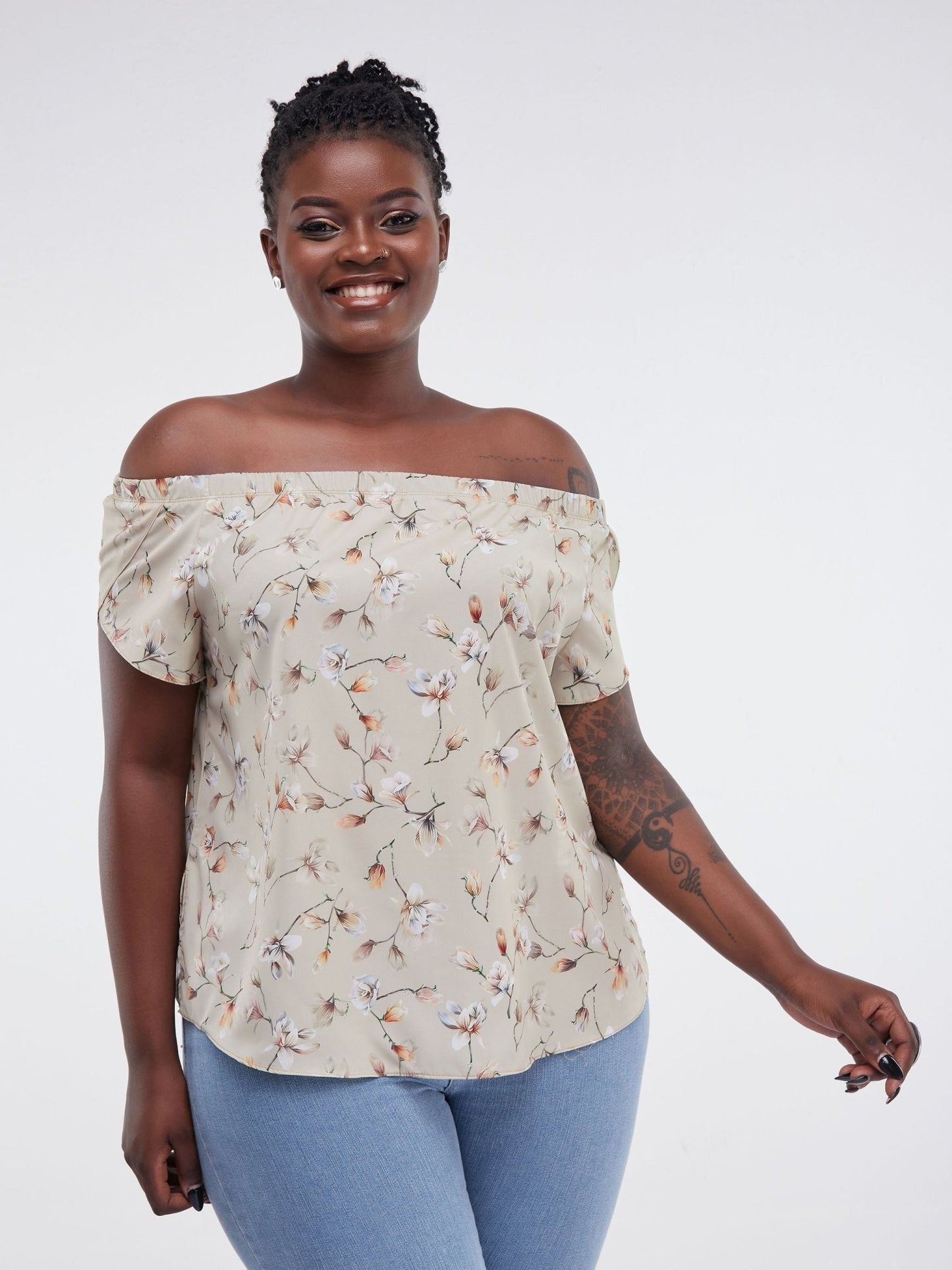 Vivo Lalea Tulip Sleeve Off Shoulder Top - Taupe Floral Print