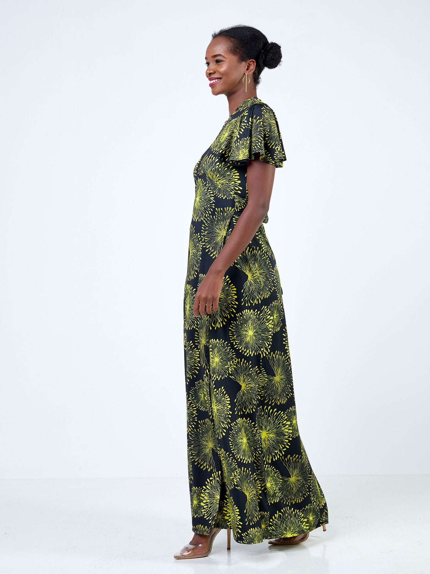 Vivo Ruwa Flounce Sleeve Wrap Maxi Dress - Black / Yellow Abstract Print
