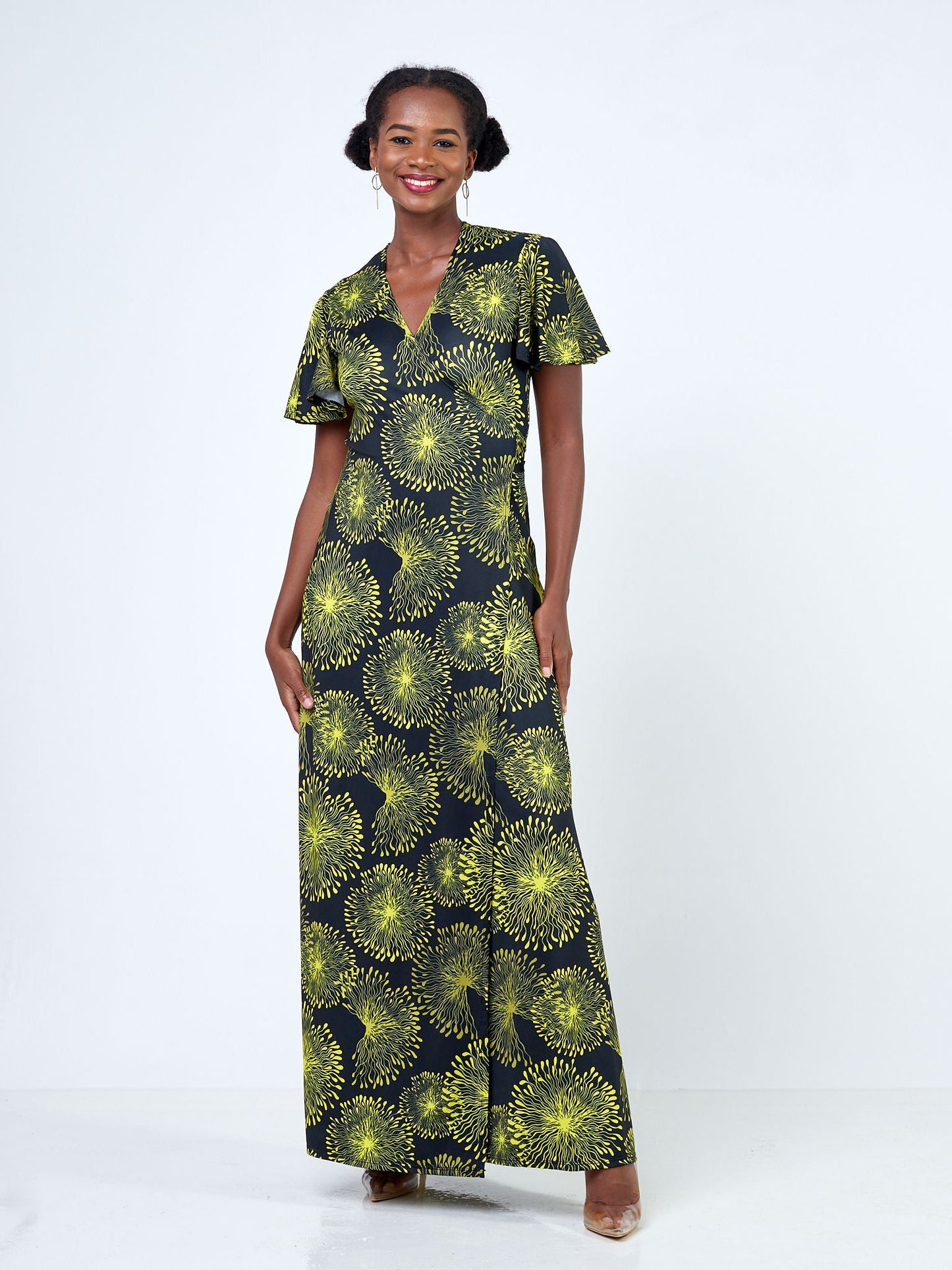 Vivo Ruwa Flounce Sleeve Wrap Maxi Dress - Black / Yellow Abstract Print