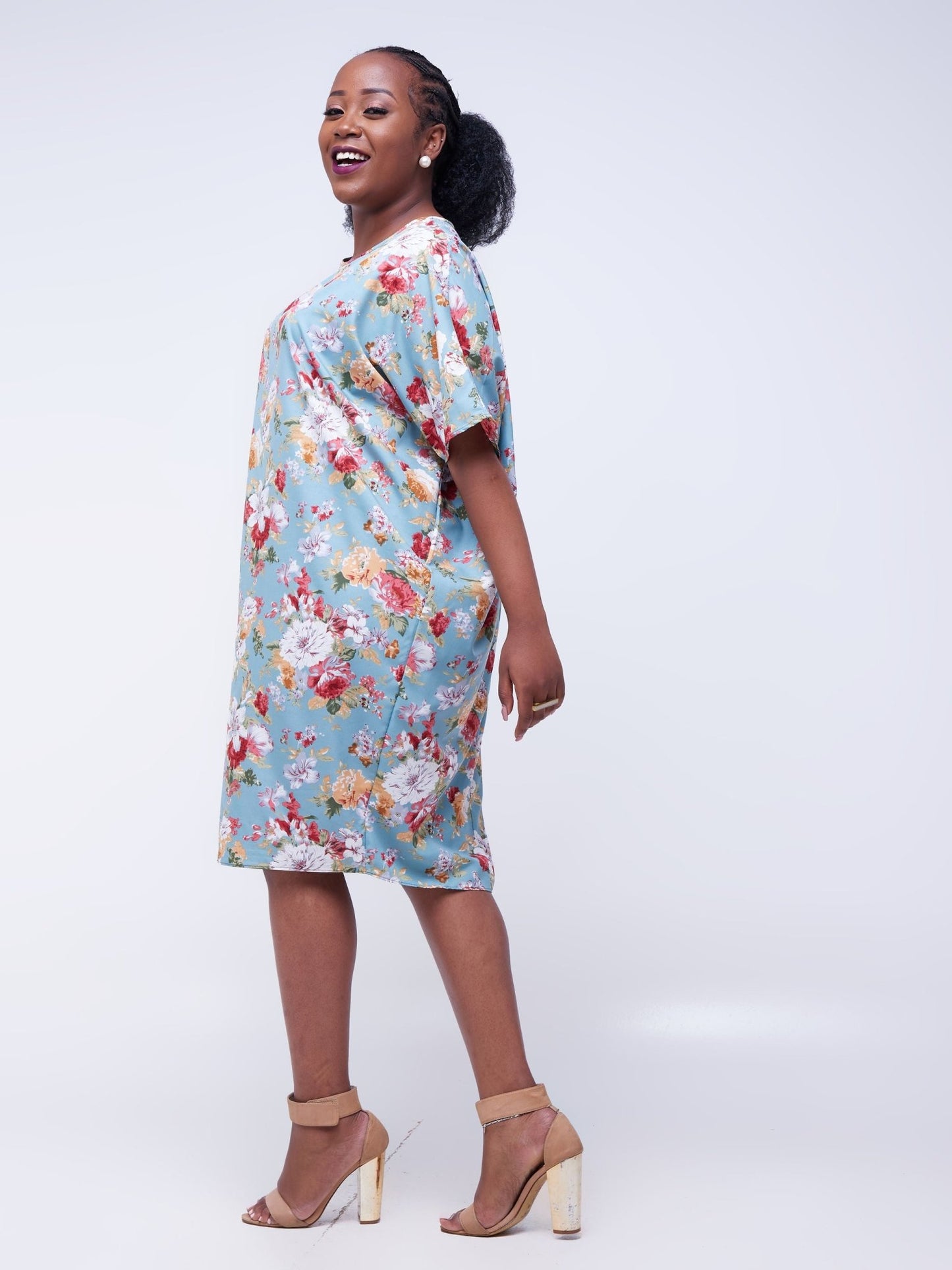 Vivo Thando Dolman Knee Length Dress - Blue Floral Print