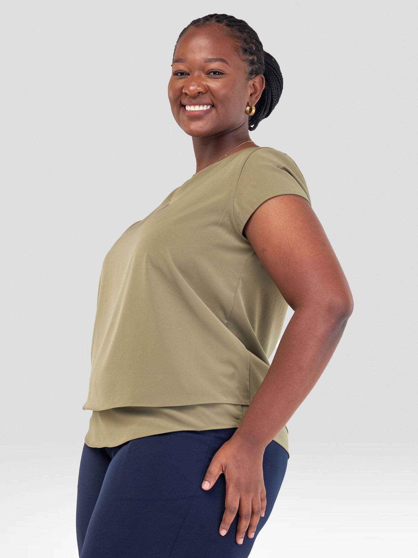 Vivo Zaria Cap Sleeve Double Layered Top - Olive
