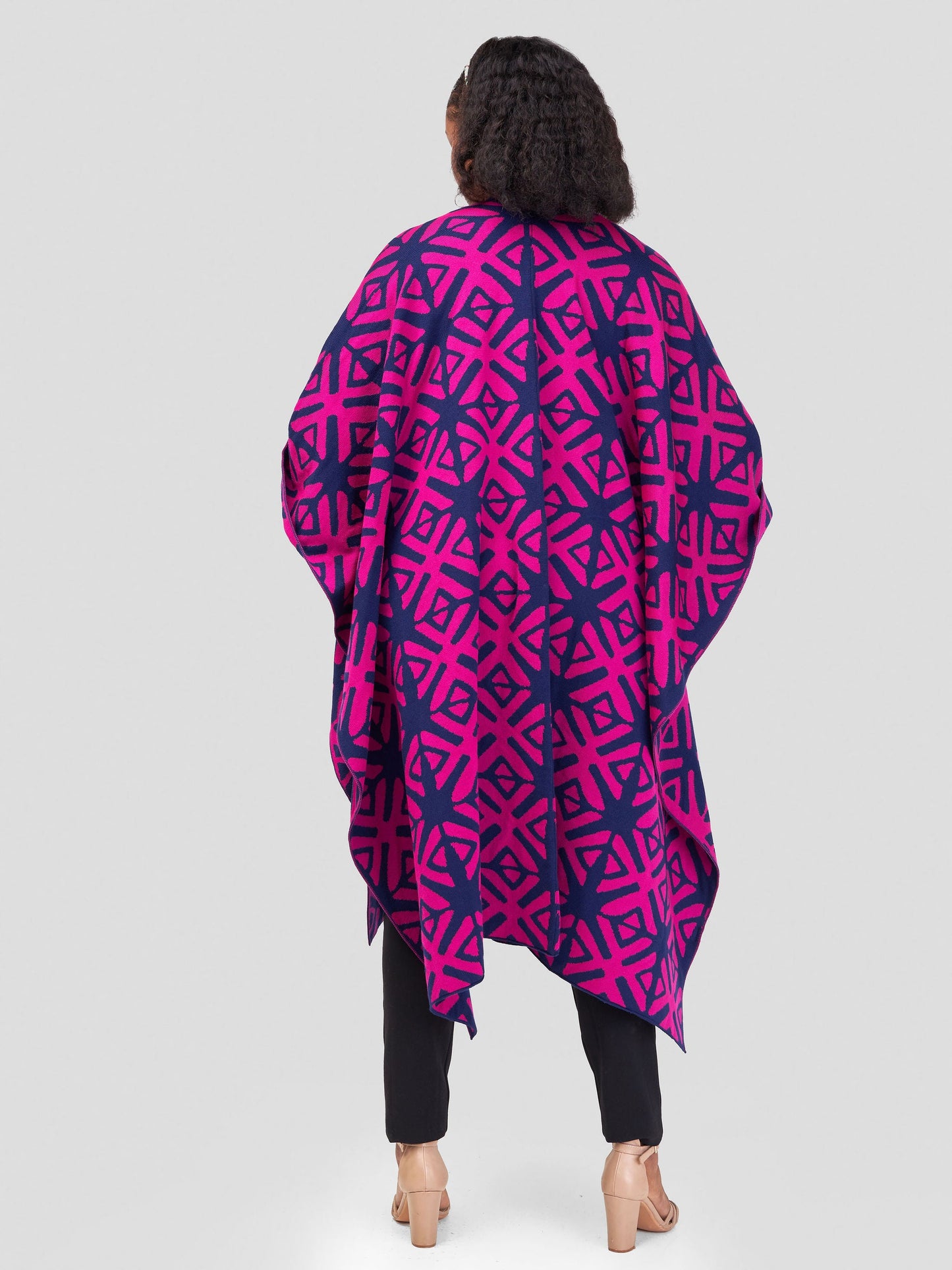 Vivo Reversible Poncho without Fringes- Light Navy Blue / Dark Pink Heshi Print