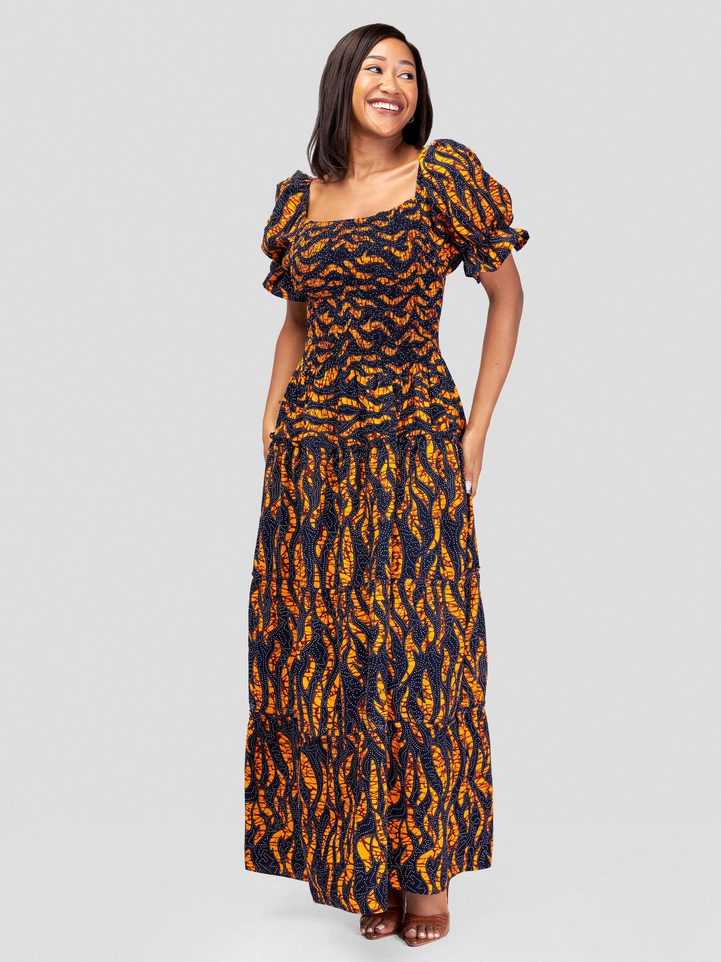 Safari Nimali Bustier Maxi Dress - Mustard / Black Ankara Print