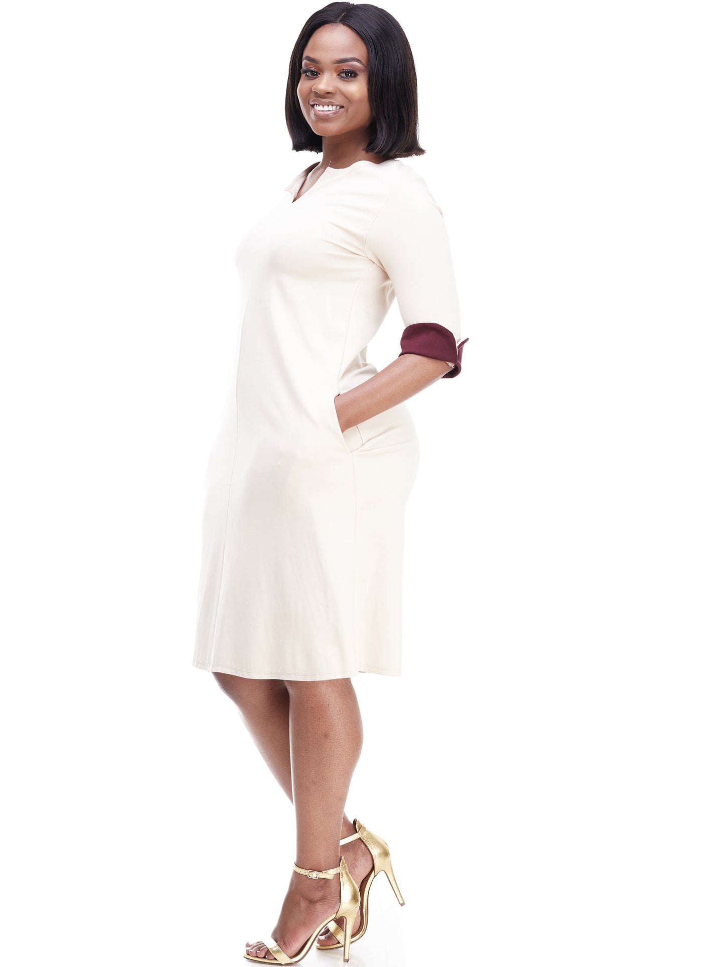 Vivo Zawadi Keyhole Dress - Buttermilk / Maroon