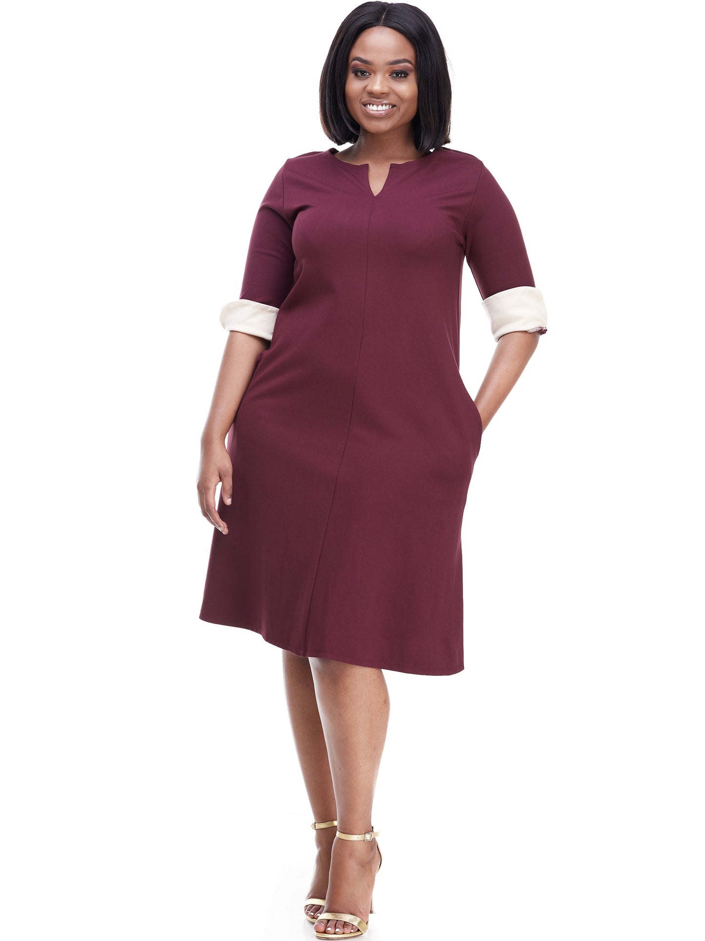Vivo Zawadi Keyhole Dress - Maroon / Buttermilk