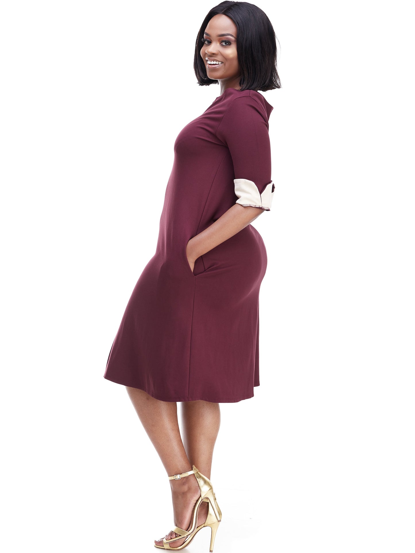 Vivo Zawadi Keyhole Dress - Maroon / Buttermilk