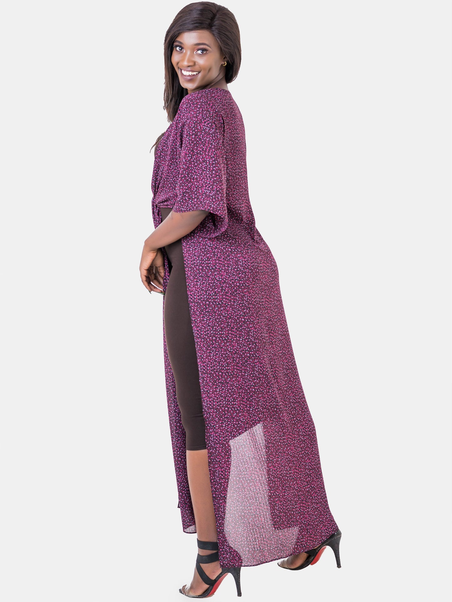 Vivo Basic Nandi High Slit Kimono - Burgundy Print