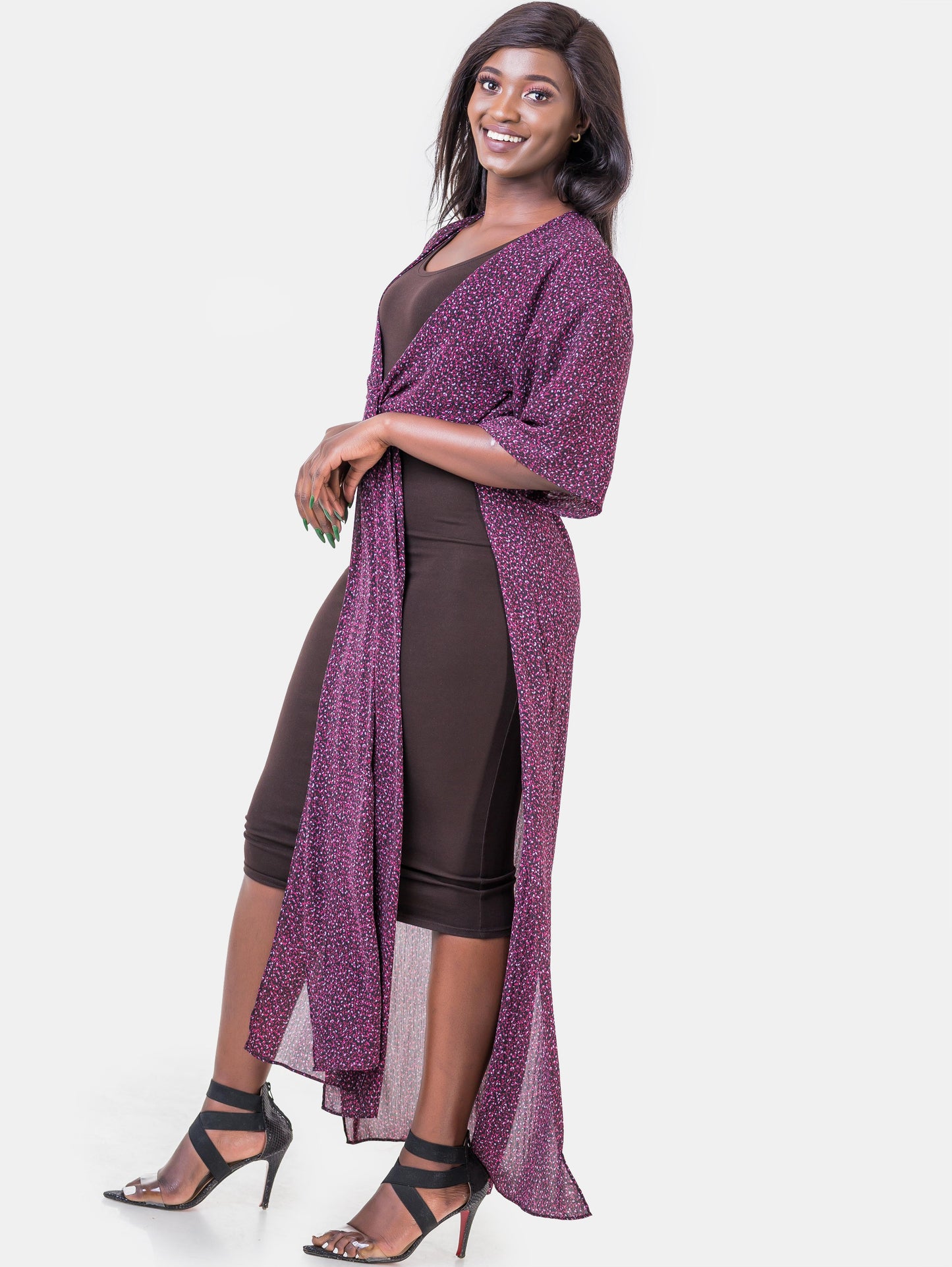 Vivo Basic Nandi High Slit Kimono - Burgundy Print