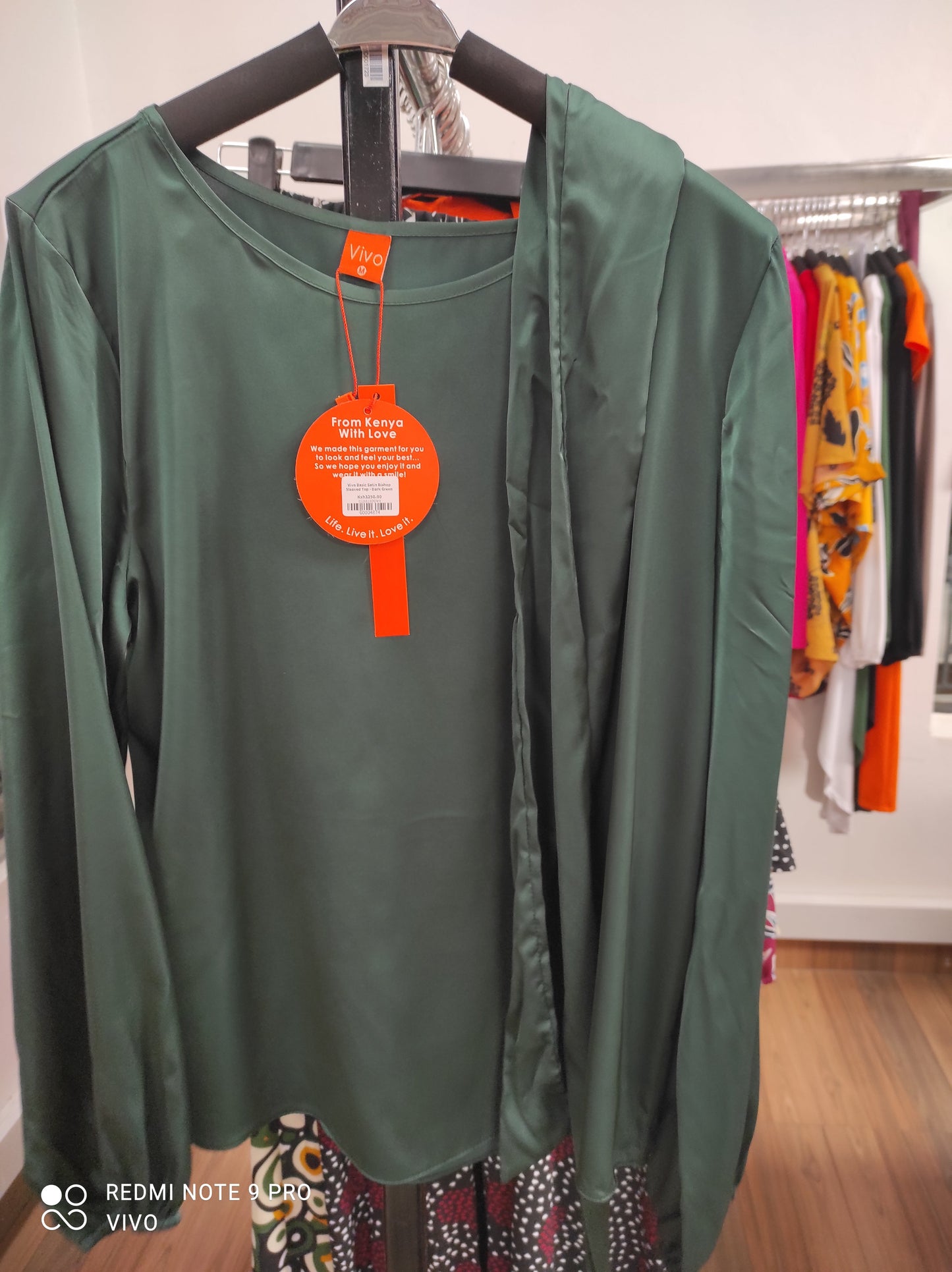 Vivo Basic Satin Bishop Sleeved Top - Dark Green