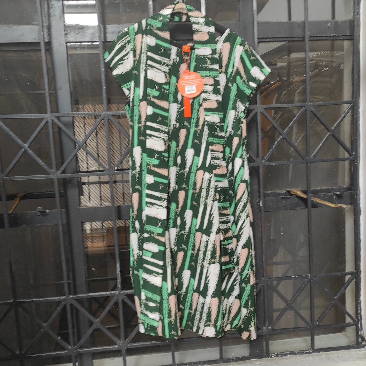 Vivo Basic Cap Sleeve Knee Length Tent Dress - Dark Green Abstract Print