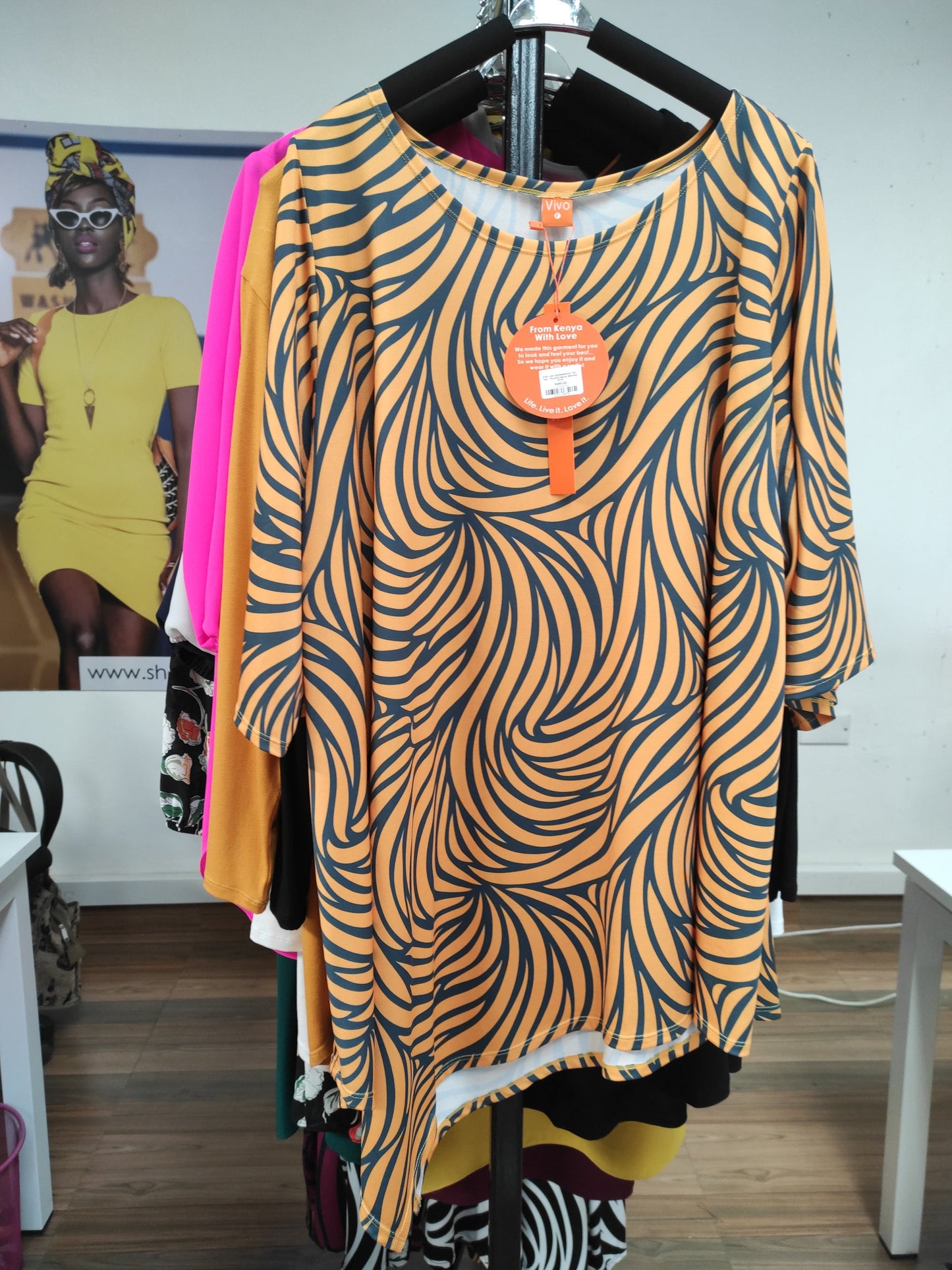 Vivo Lumi Asymmetrical Top - Teal / Mustard Spiral Abstract Print