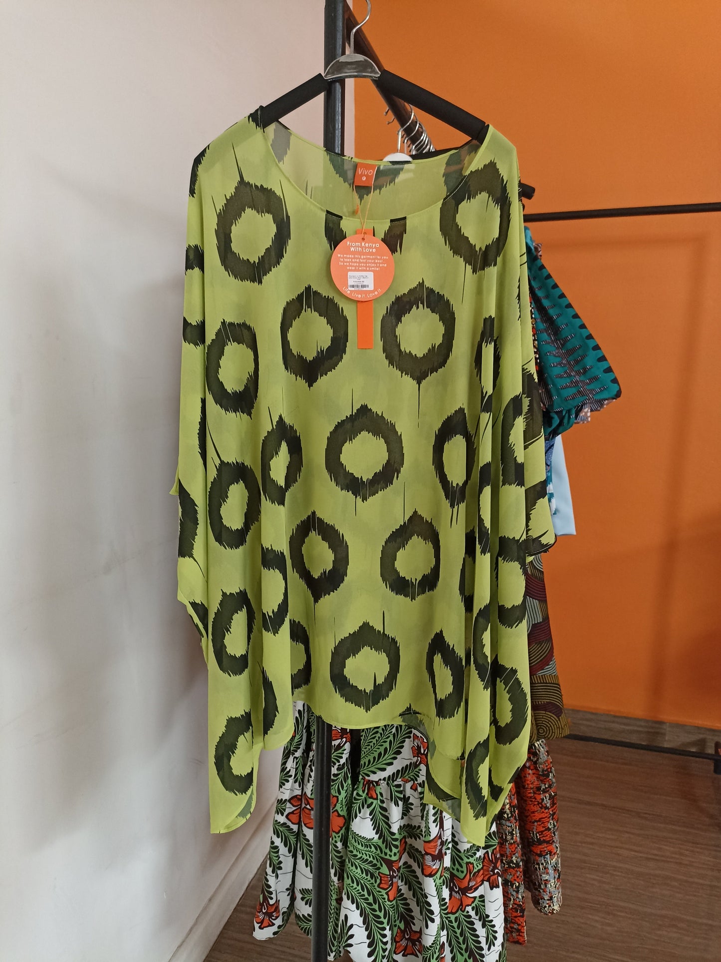 Vivo Basic Liv Chiffon Top - Lime Green / Black Abstract Print