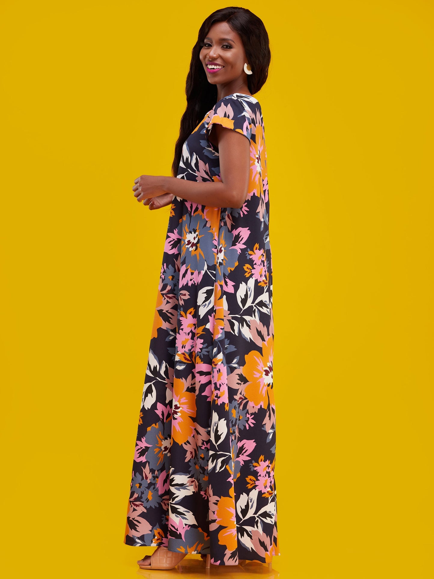 Vivo Basic Cap Sleeved Tent Maxi Dress - Pink / Navy Floral Print