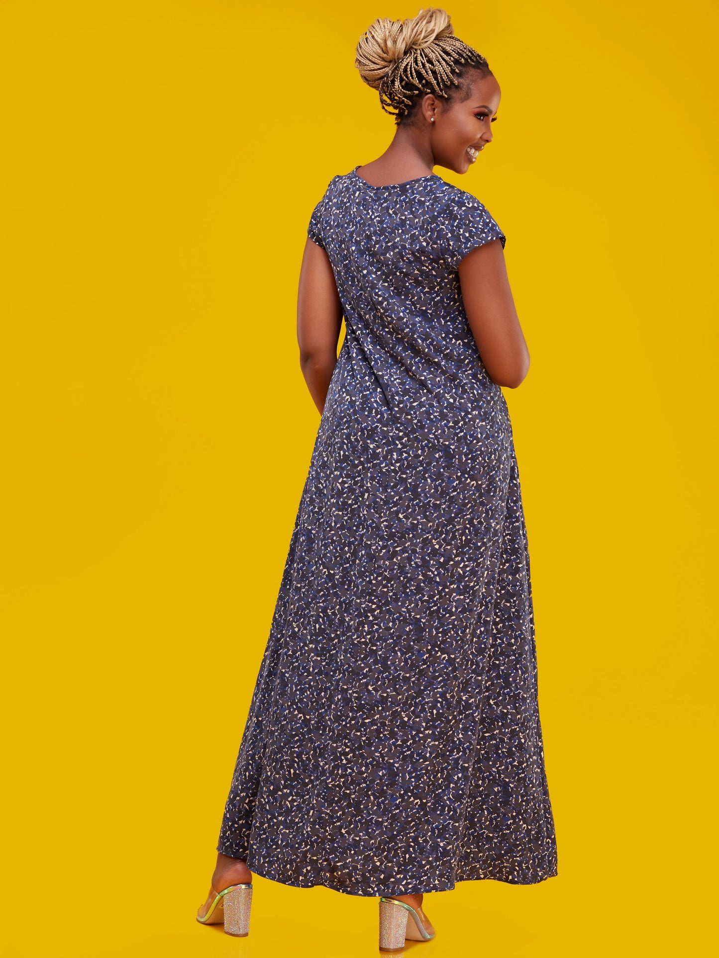 Vivo Basic Cap Sleeved Tent Maxi Dress - Royal Blue Floral Print
