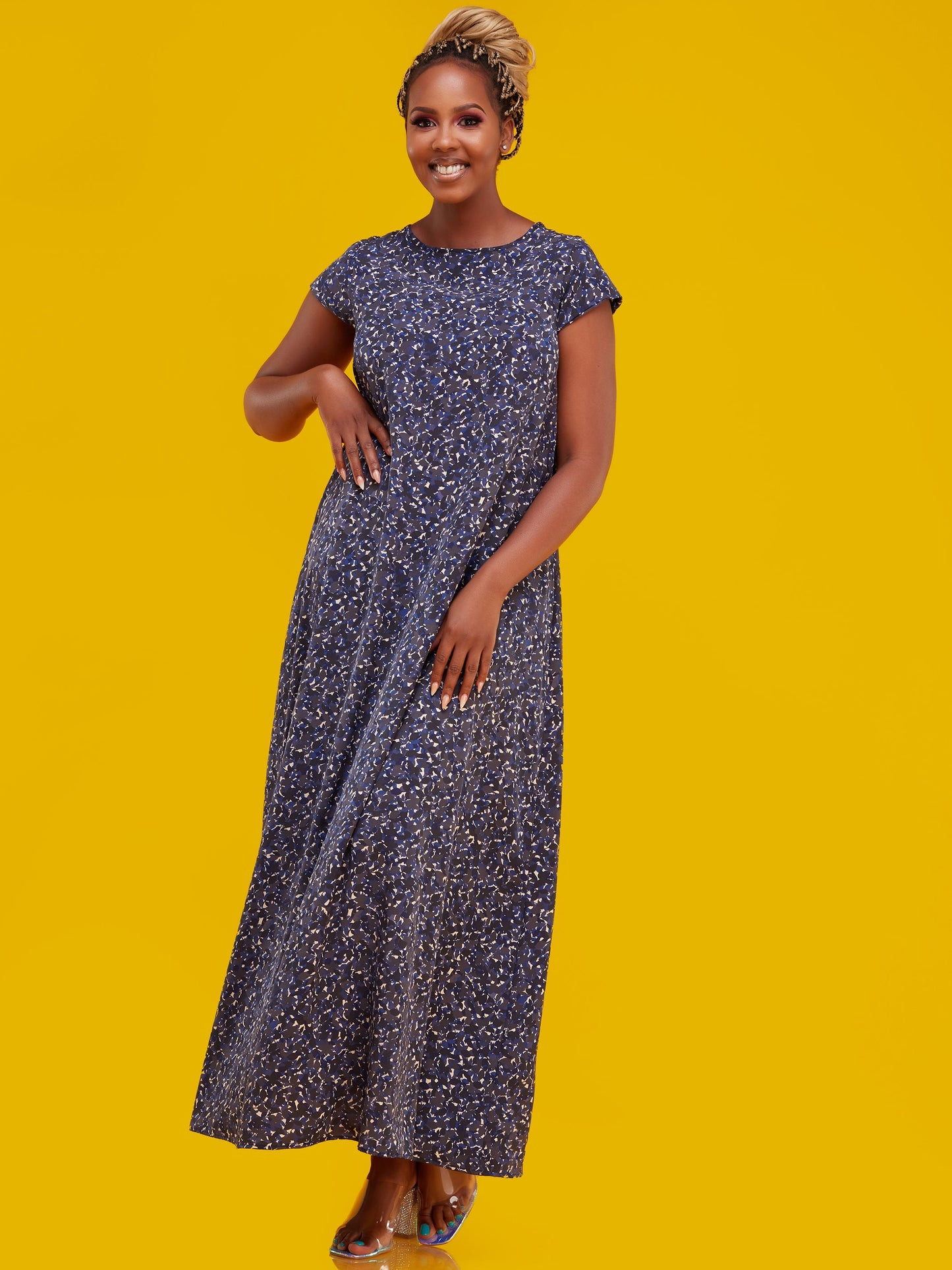 Vivo Basic Cap Sleeved Tent Maxi Dress - Royal Blue Floral Print