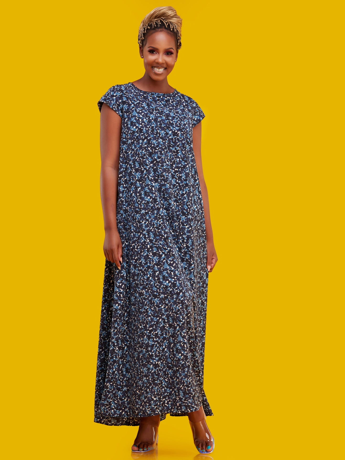Vivo Basic Cap Sleeved Tent Maxi Dress - Light Blue Floral Print