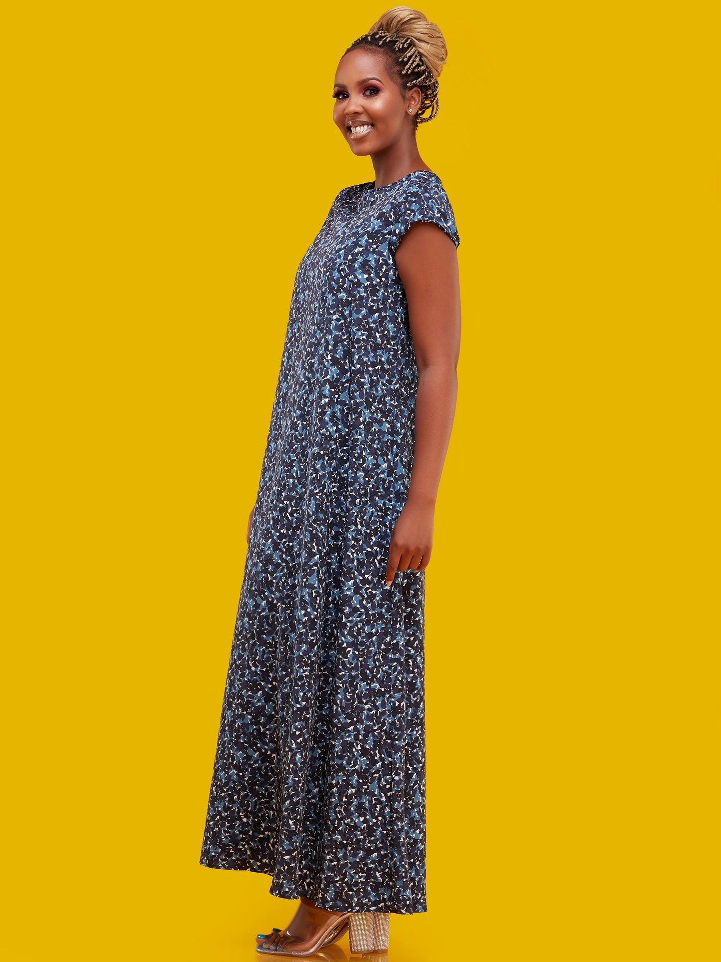 Vivo Basic Cap Sleeved Tent Maxi Dress - Light Blue Floral Print