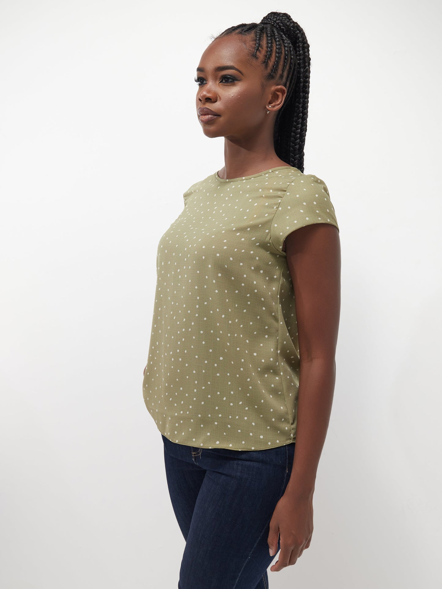 Vivo Basic Crepe Cap Sleeved Top - Green / White Polka Print