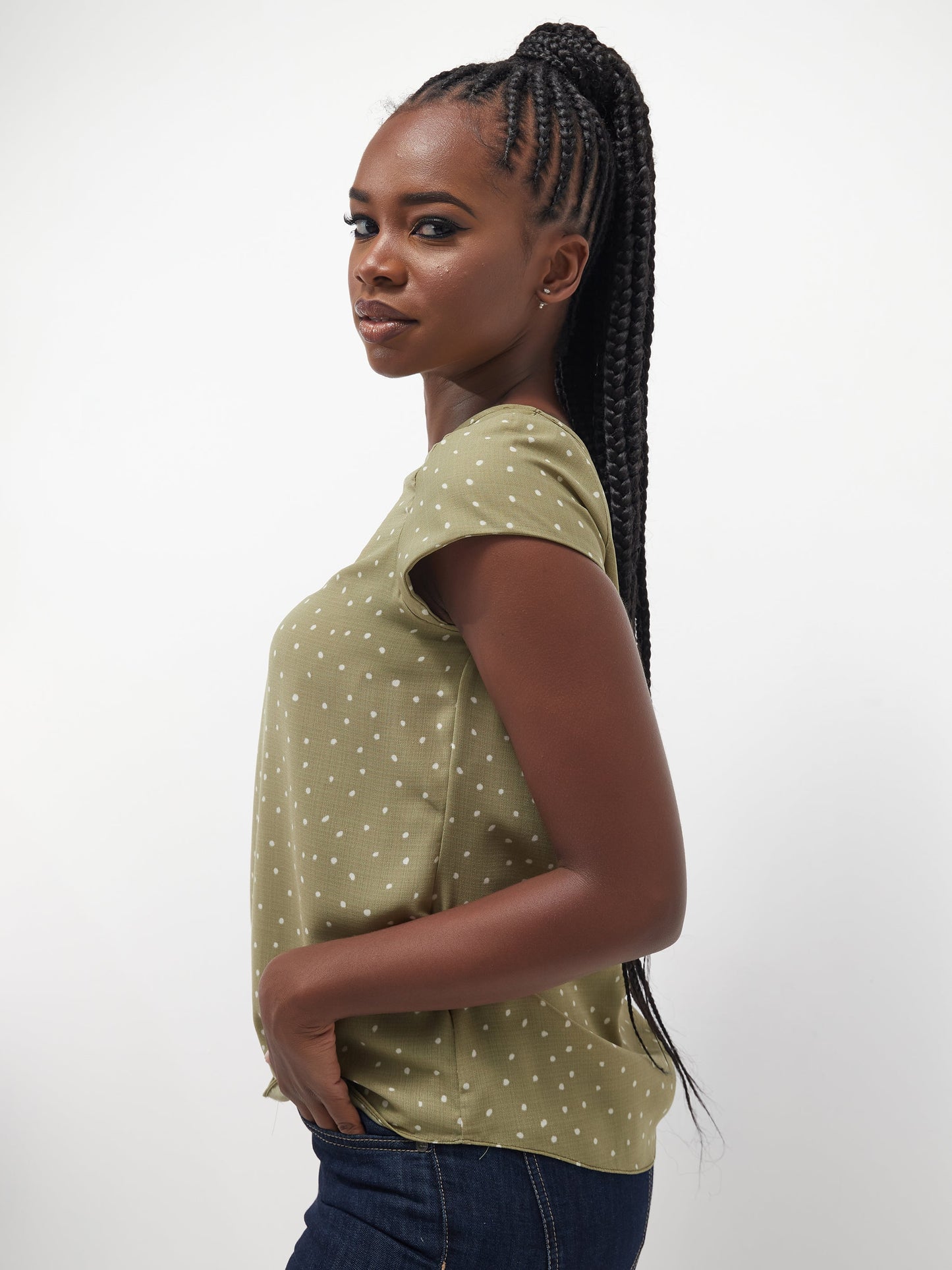 Vivo Basic Crepe Cap Sleeved Top - Green / White Polka Print