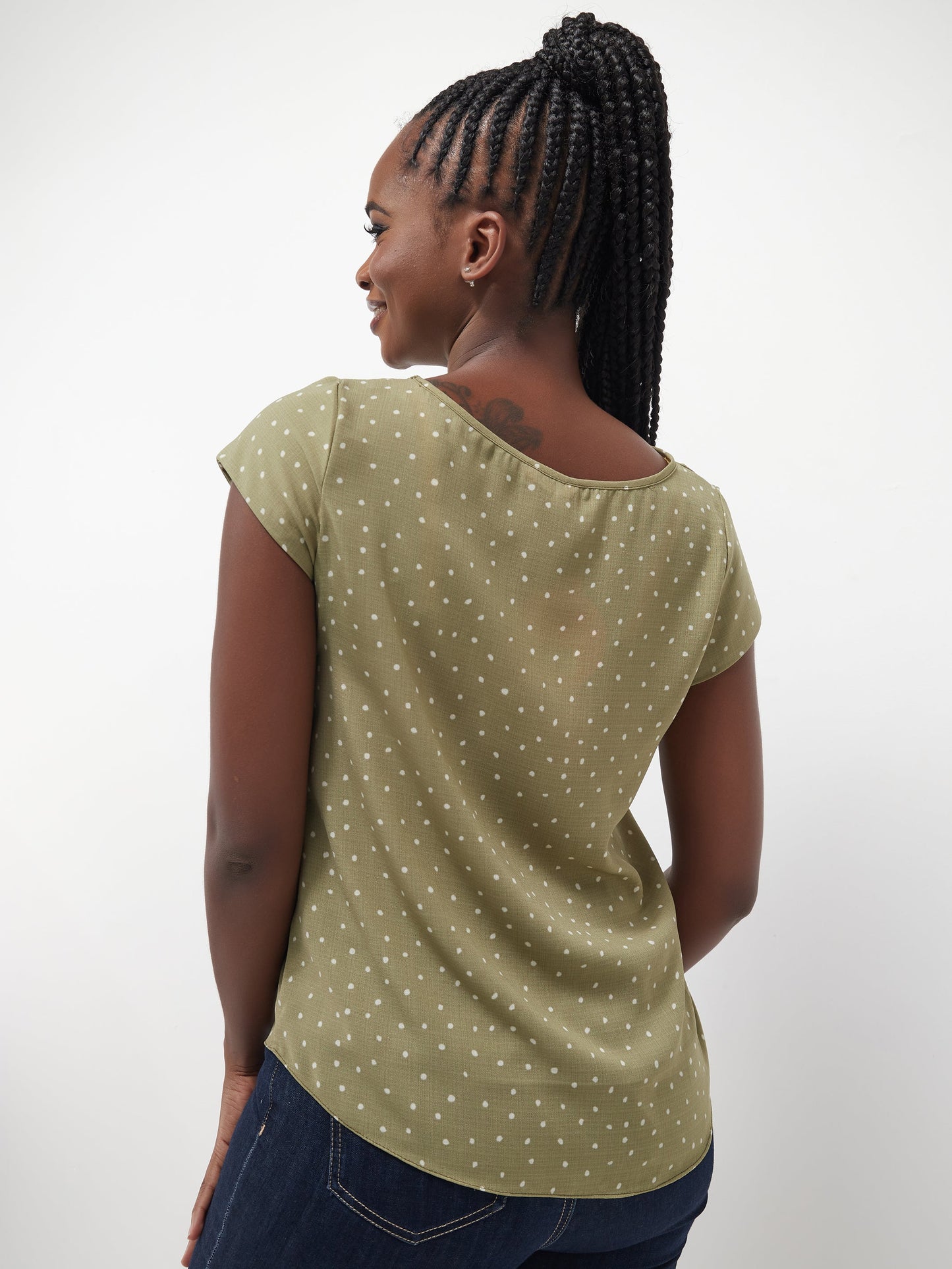 Vivo Basic Crepe Cap Sleeved Top - Green / White Polka Print