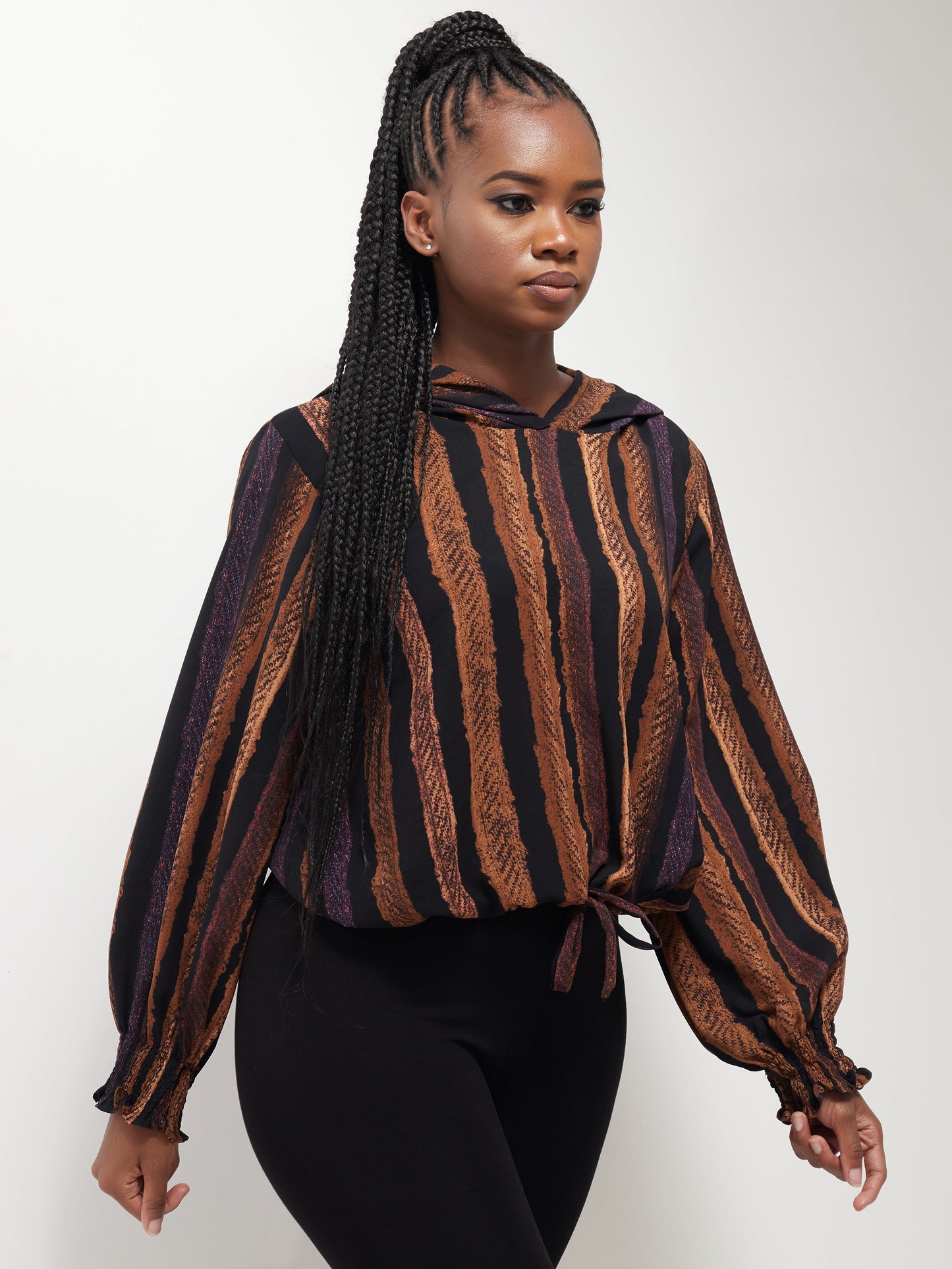 Safari Naima Crepe Drawstring Hoodie - Brown / Black Print