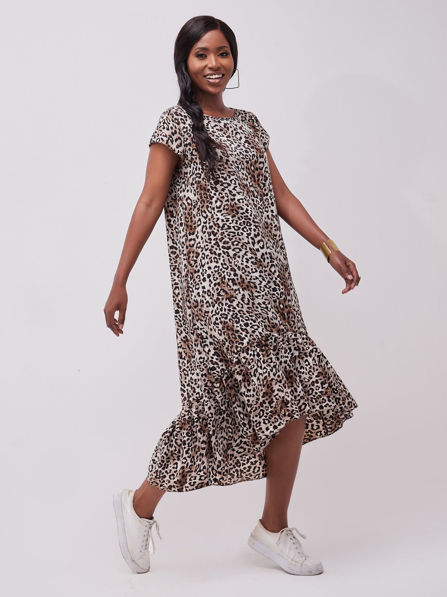 Safari Ayana Cap Sleeved High Low Tent Dress - Brown Cheetah Print