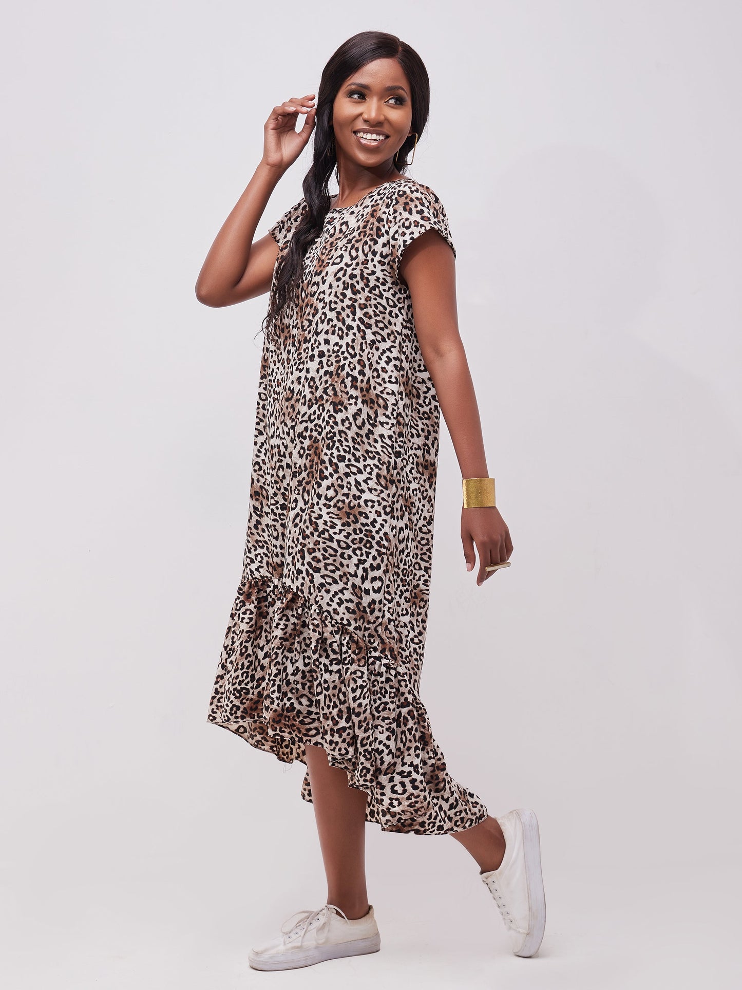 Safari Ayana Cap Sleeved High Low Tent Dress - Brown Cheetah Print