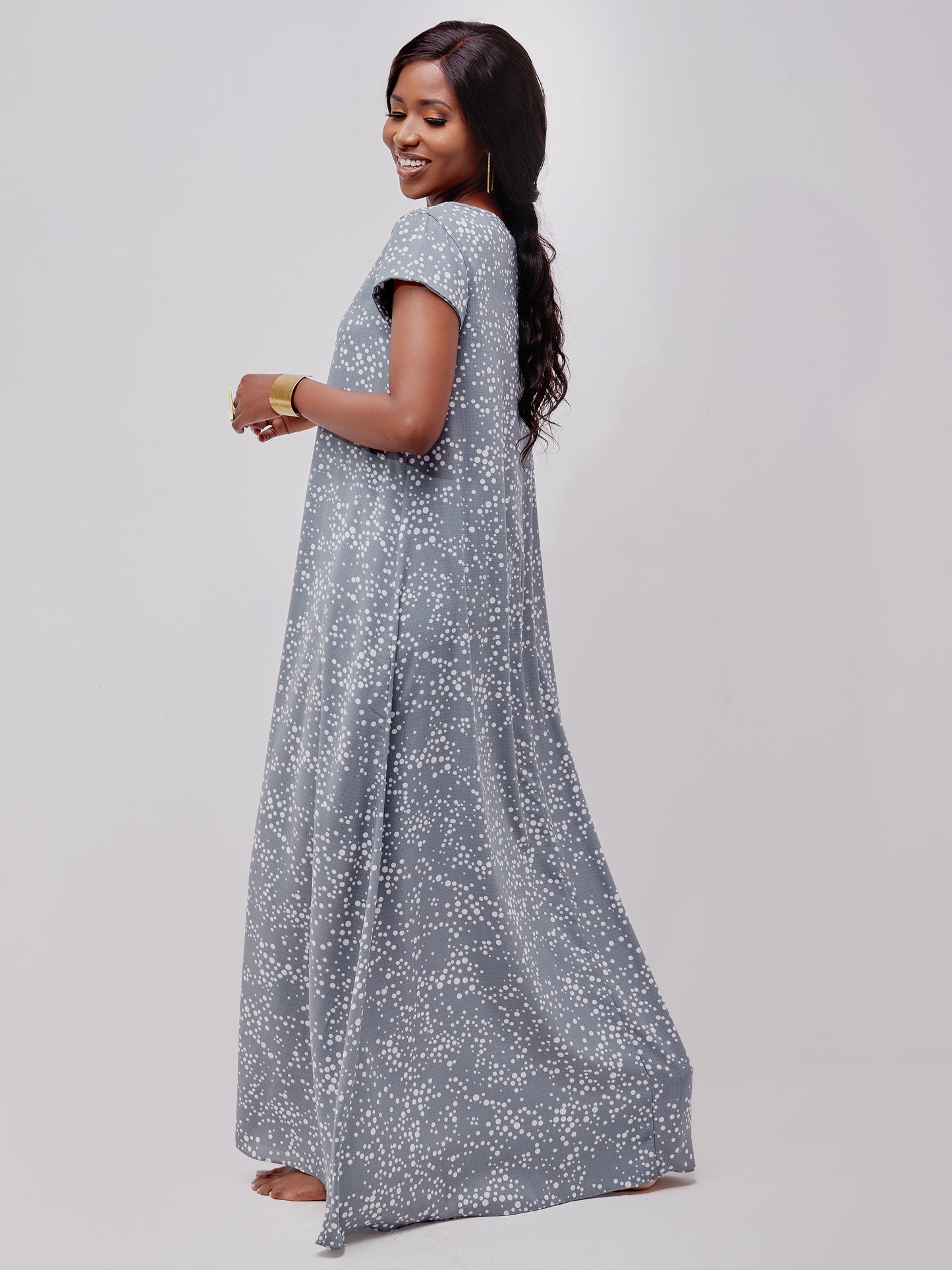Vivo Basic Cap Sleeved Tent Maxi Dress - Grey / White Print
