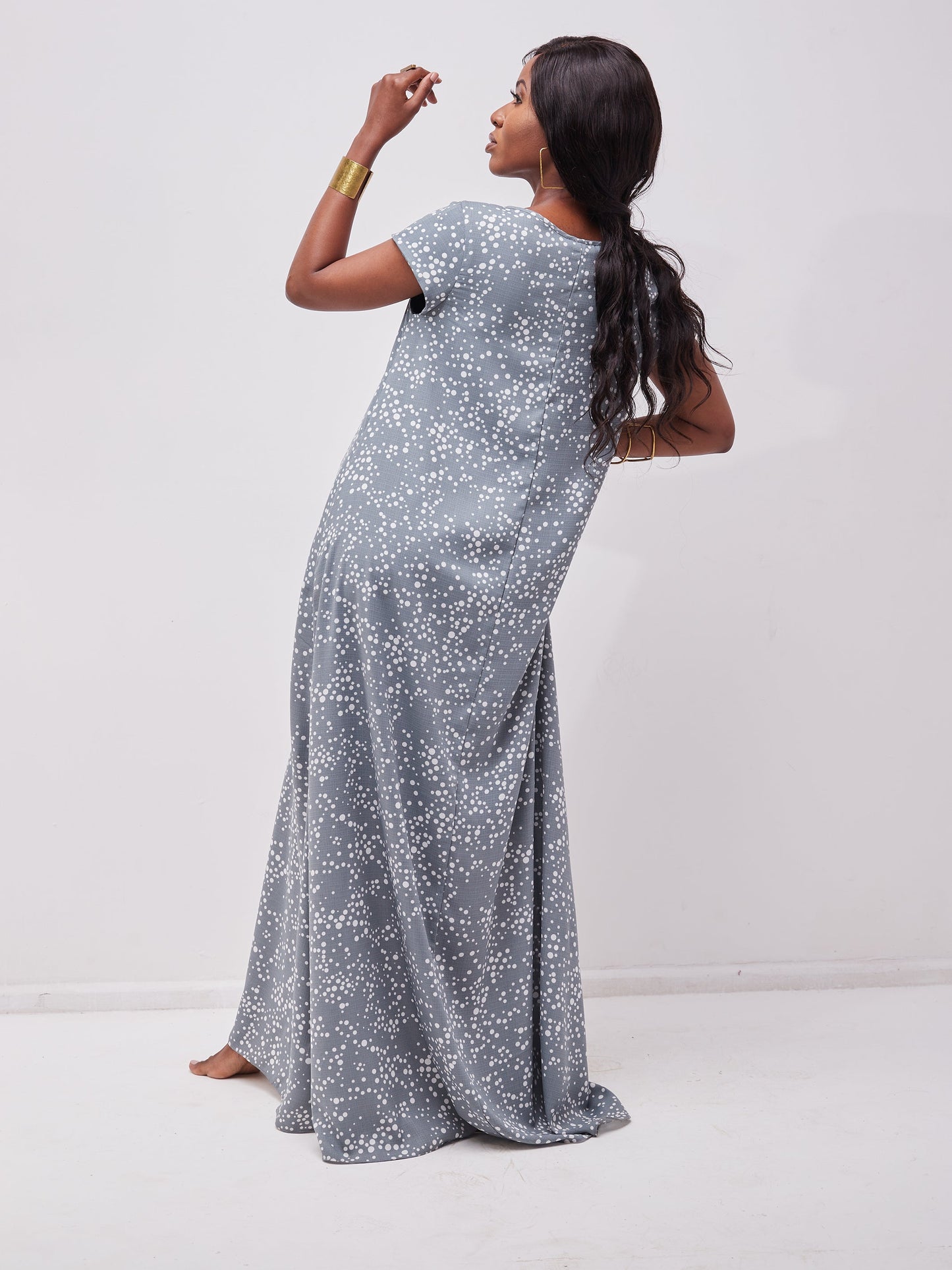 Vivo Basic Cap Sleeved Tent Maxi Dress - Grey / White Print