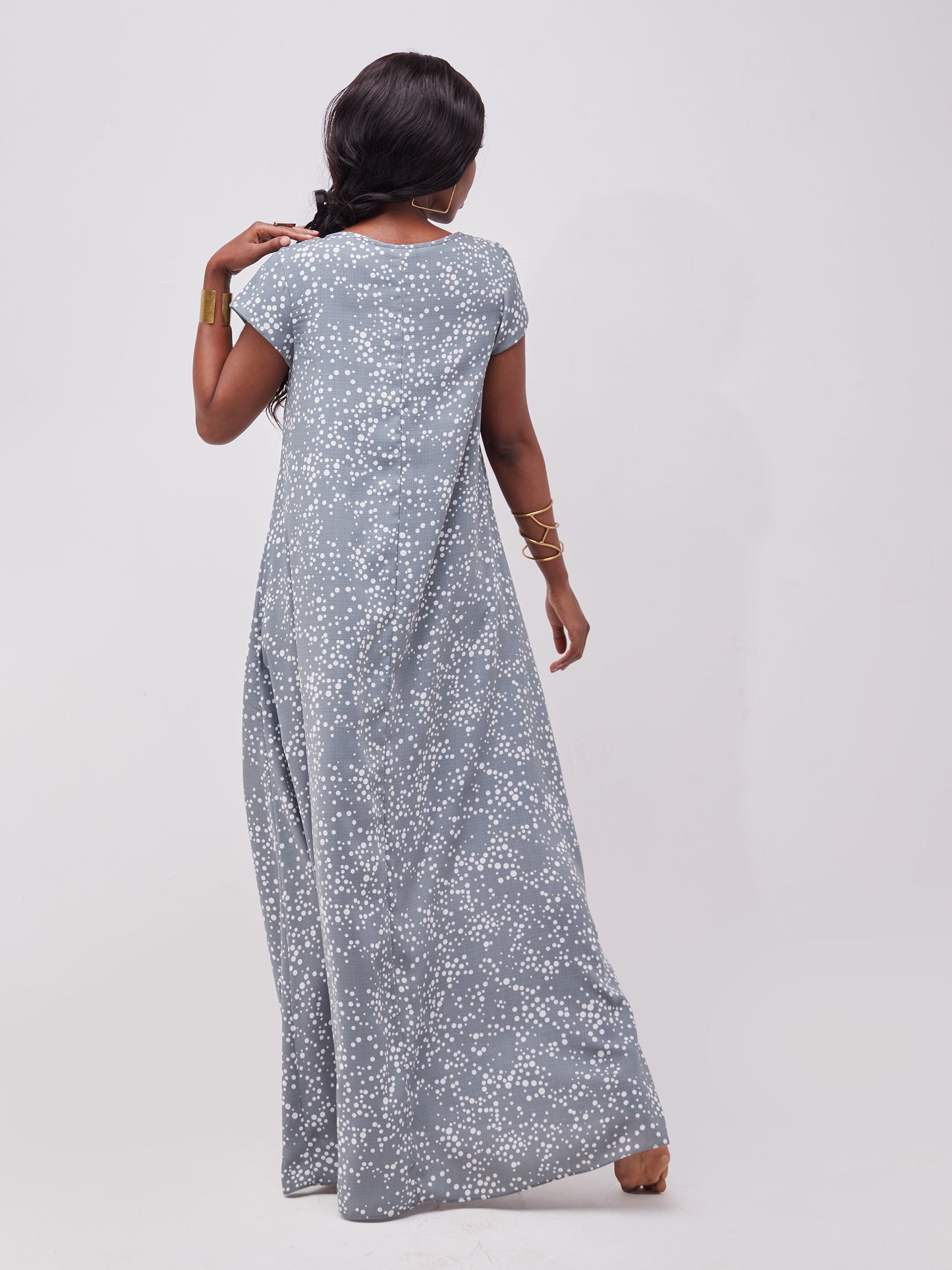 Vivo Basic Cap Sleeved Tent Maxi Dress - Grey / White Print