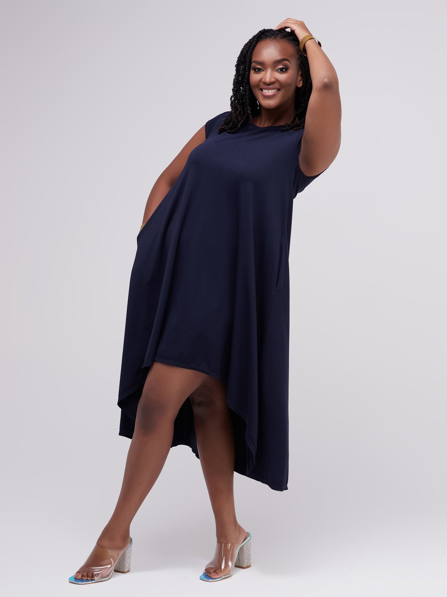 Vivo Ponte Back Pleat High Low Dress - Navy Blue