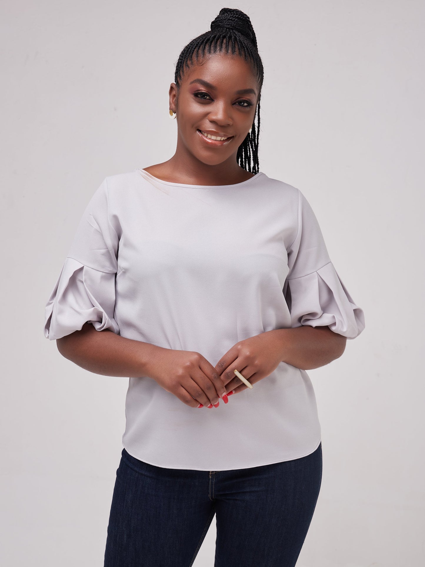Vivo Basic Boundneck Puff Sleeve Top - Light Grey