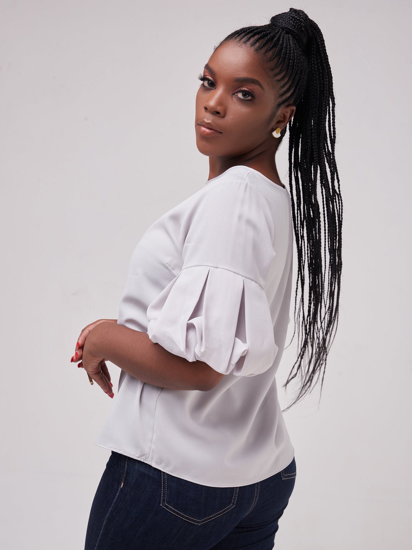 Vivo Basic Boundneck Puff Sleeve Top - Light Grey