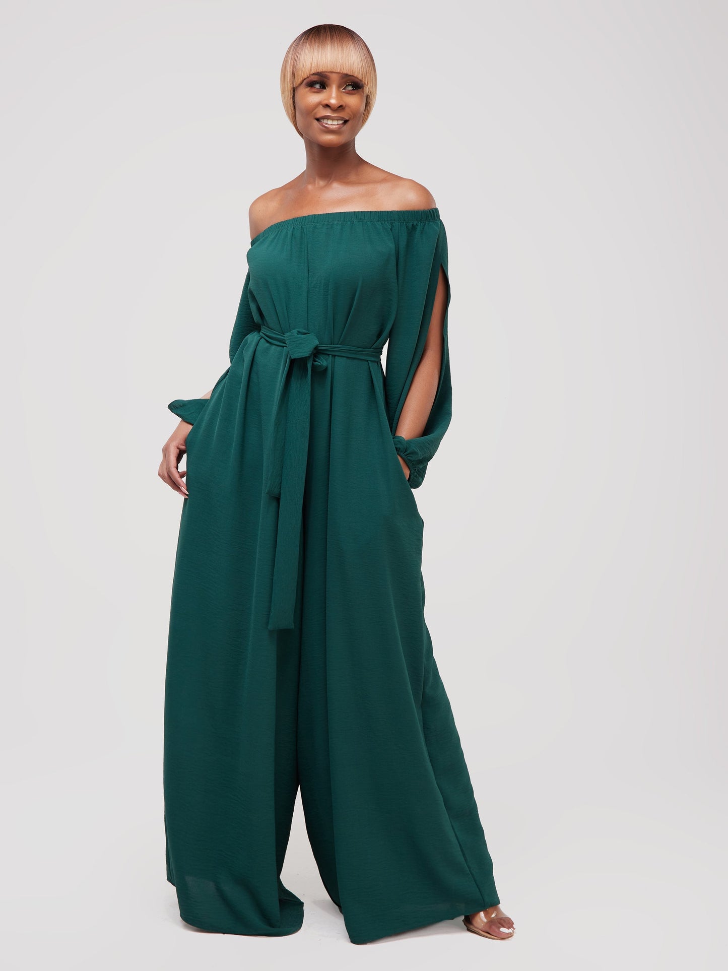Vivo Dayo Off Shoulder Split Sleeve Jumpsuit - Dark Green