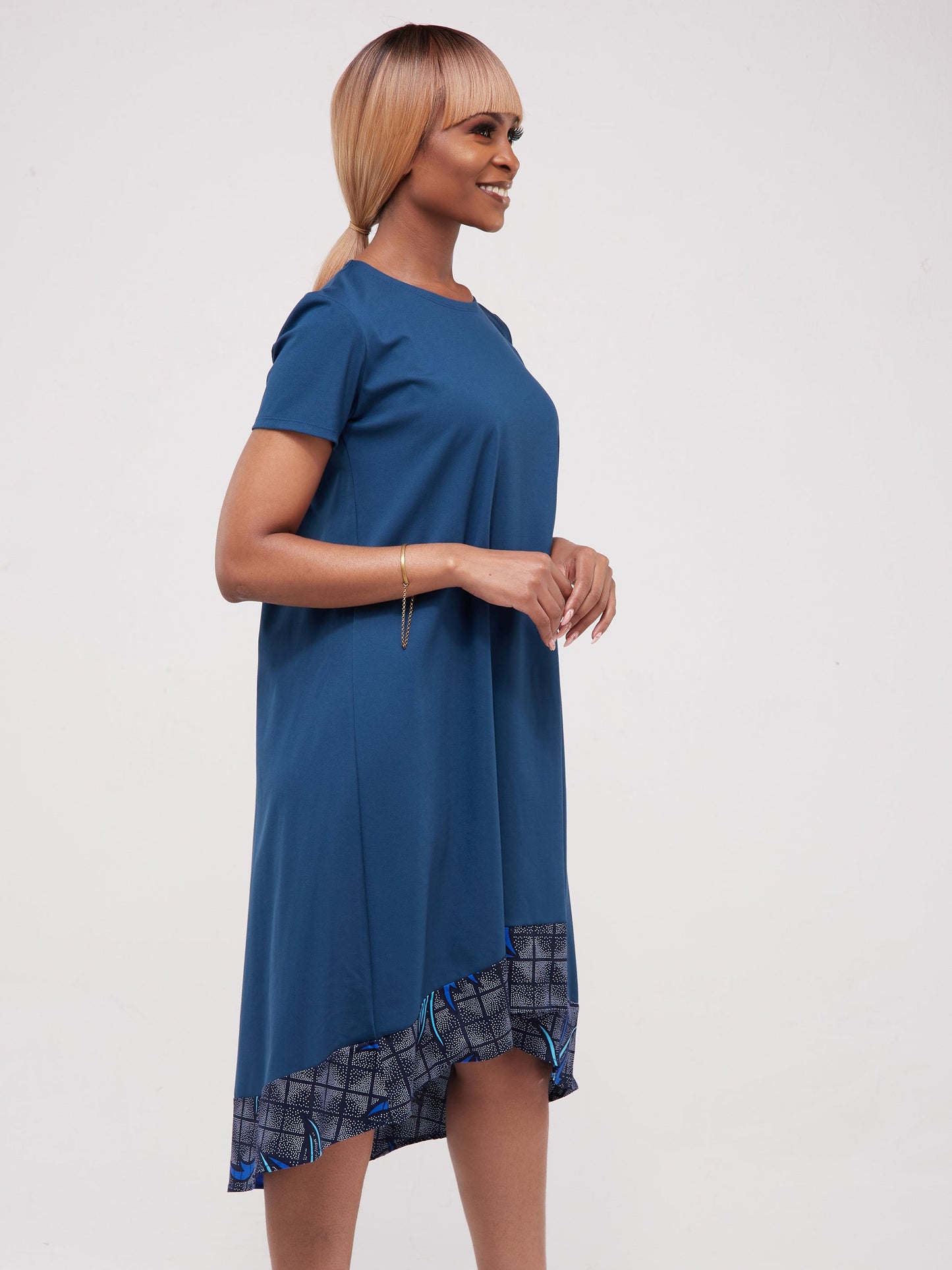 Vivo Mali High Low Dress - Teal / Navy Print