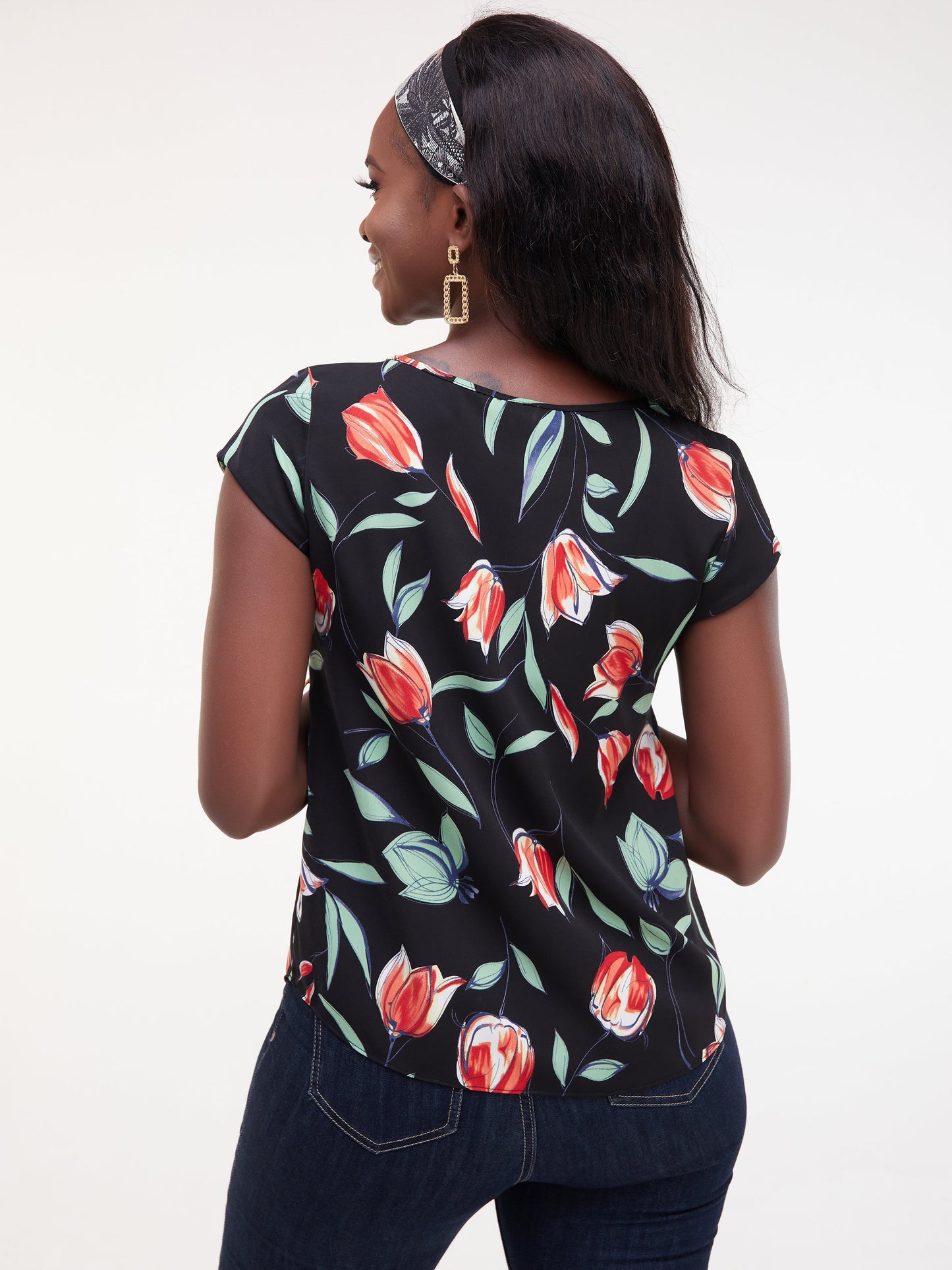 Vivo Basic Crepe Cap Sleeved Top - Navy / Red Print