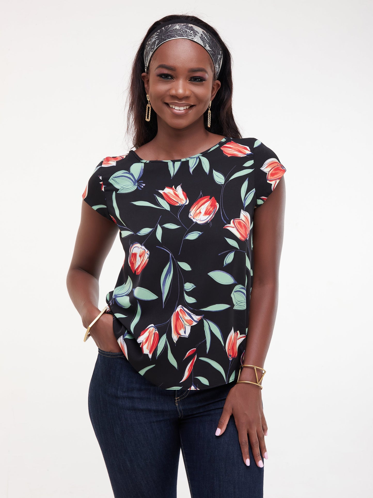 Vivo Basic Crepe Cap Sleeved Top - Navy / Red Print